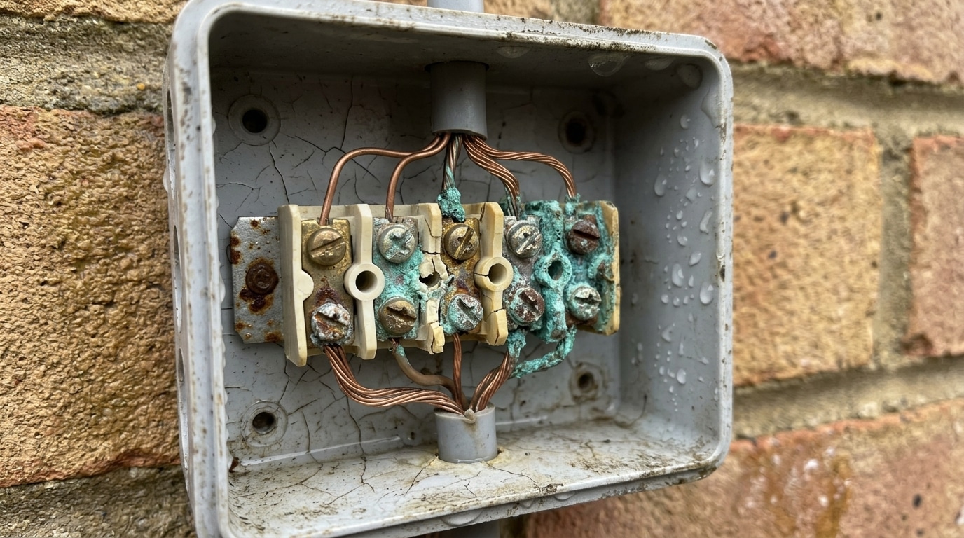 Corroded terminal block in outdoor junction box showing consequences of inadequate IP rating for outdoor use