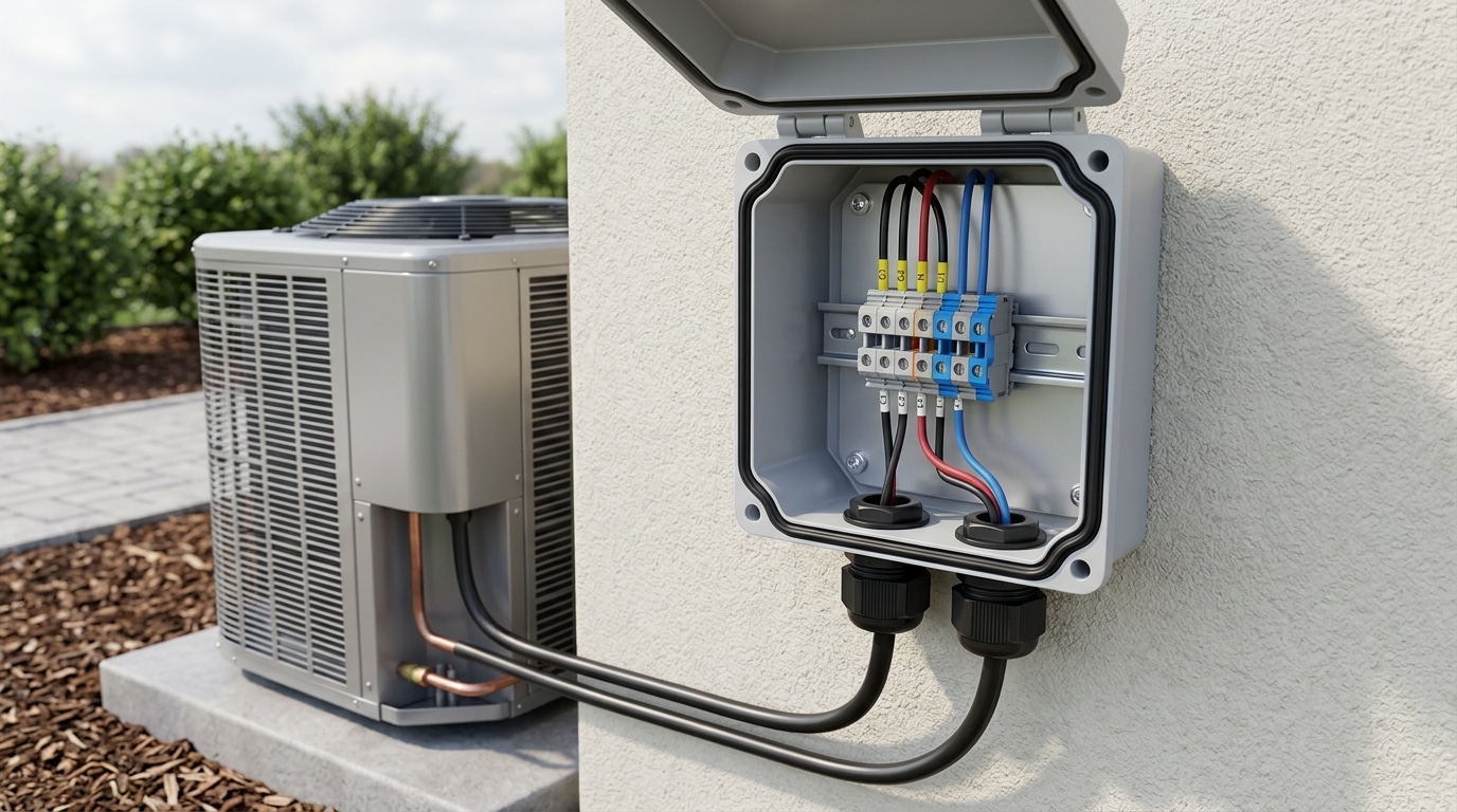 IP65-rated terminal block for outdoor use installed in a weatherproof junction box near an HVAC unit