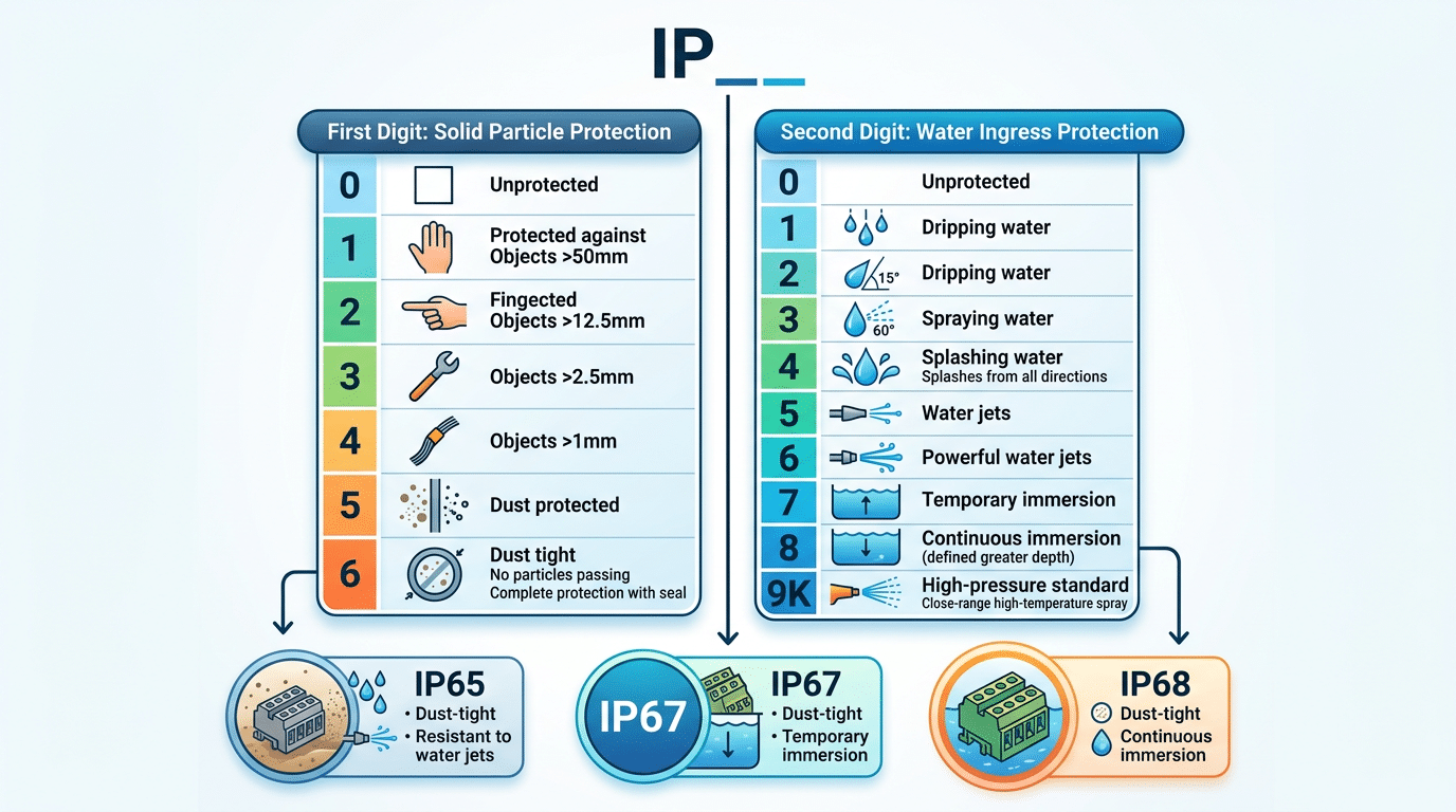 IP rating code breakdown showing solid and water ingress protection digits for terminal block IP rating outdoor use