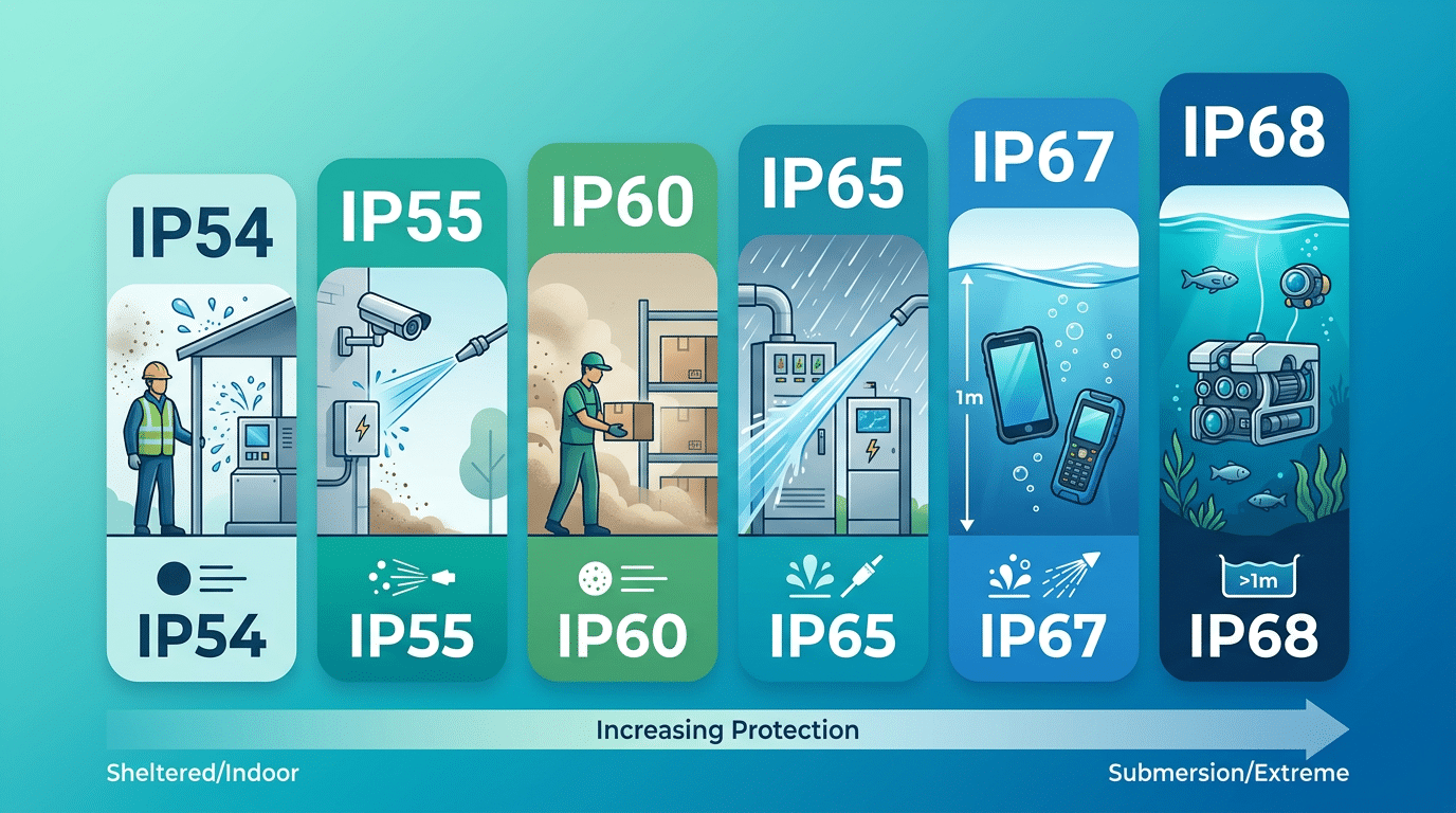 Terminal block IP rating comparison chart for outdoor use showing IP54 through IP68 protection levels