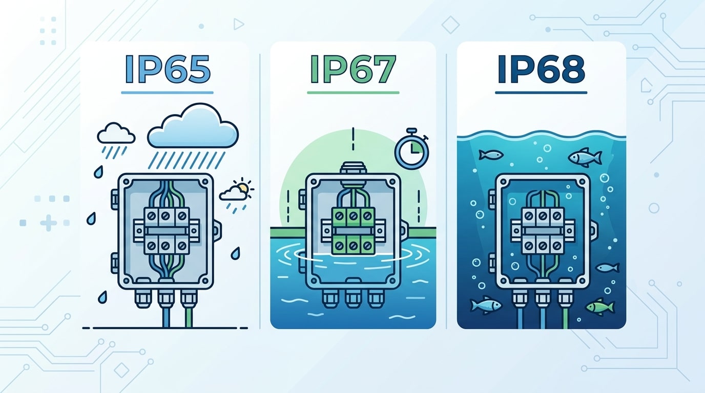 IP65 vs IP67 vs IP68 waterproof terminal block ratings comparison for outdoor junction box applications
