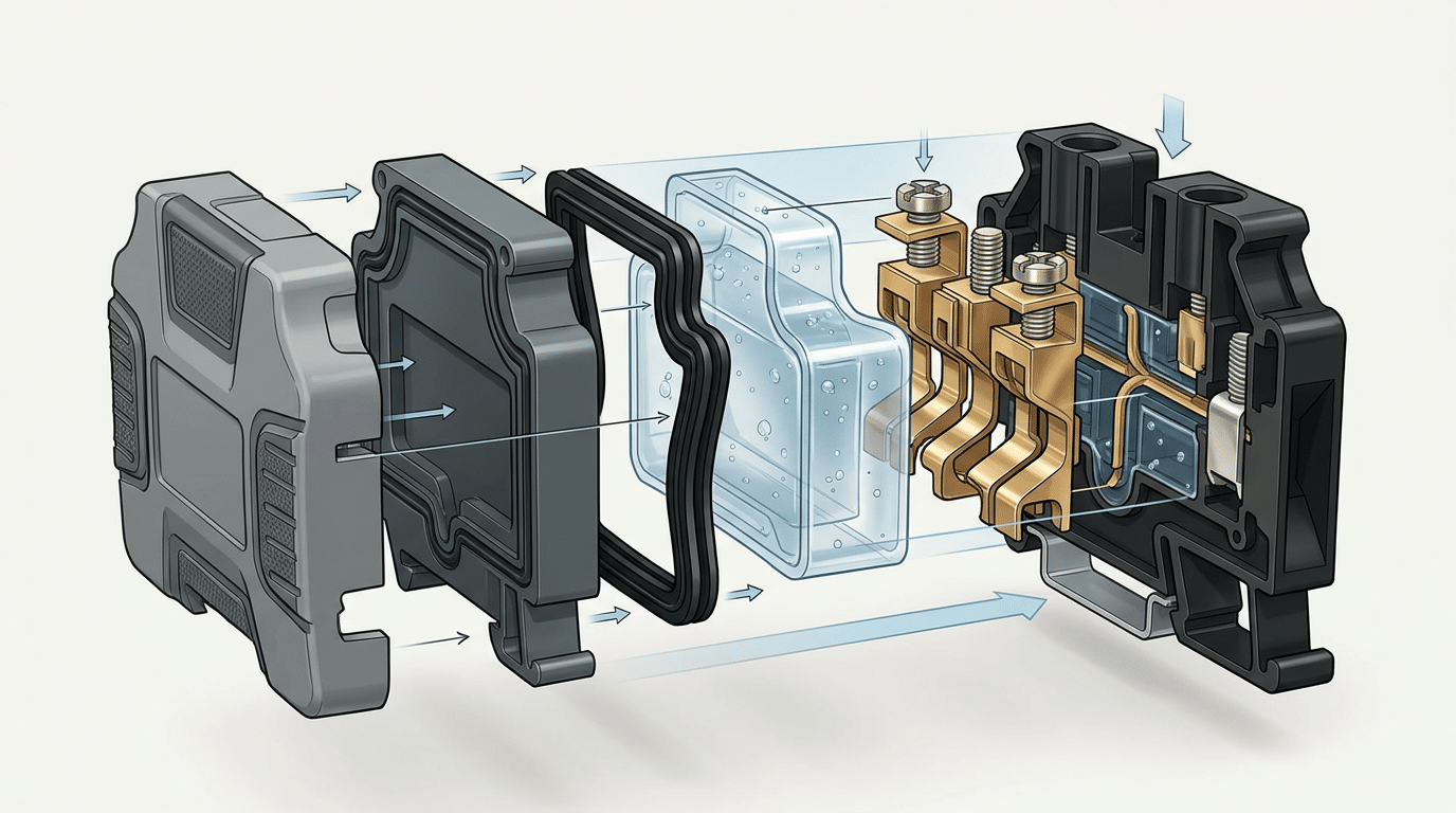 Waterproof terminal block cross-section showing sealed housing gasket and potting compound for outdoor junction box