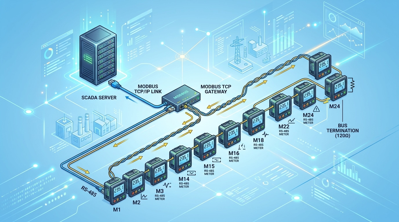 digital panel meter for power monitoring RS-485 Modbus network topology
