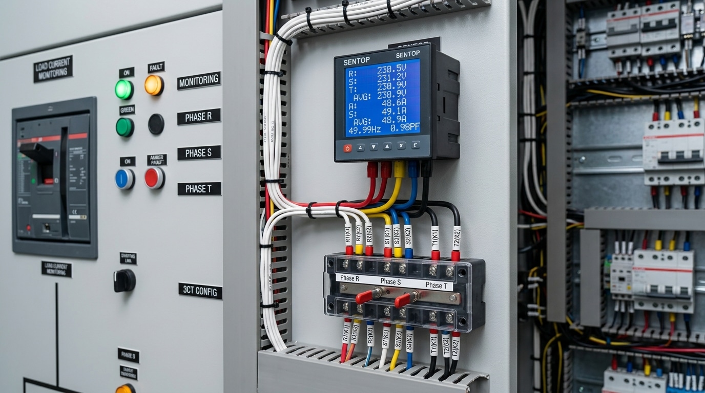 CT wiring and polarity verification for a digital panel meter for power monitoring installation