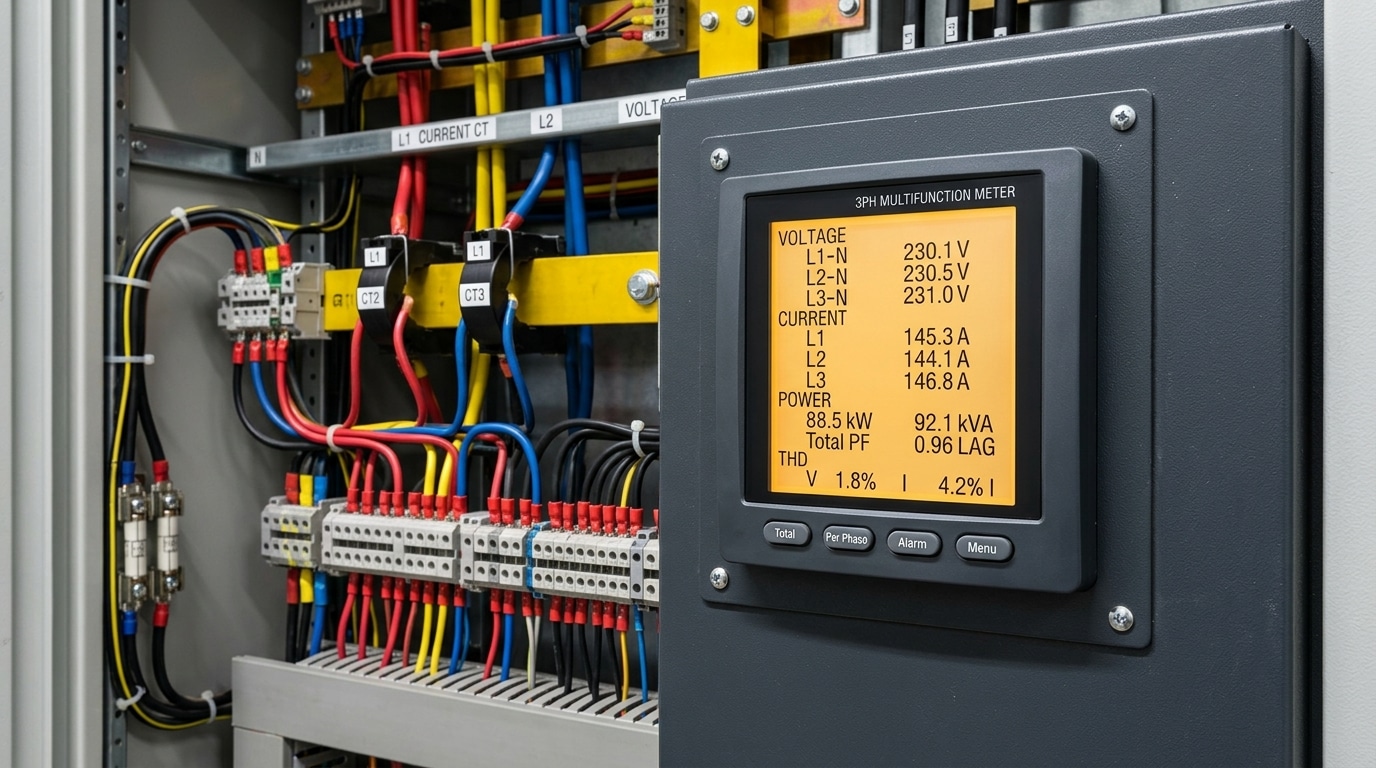 digital panel meter for power monitoring displaying RMS voltage current kW and THD readings
