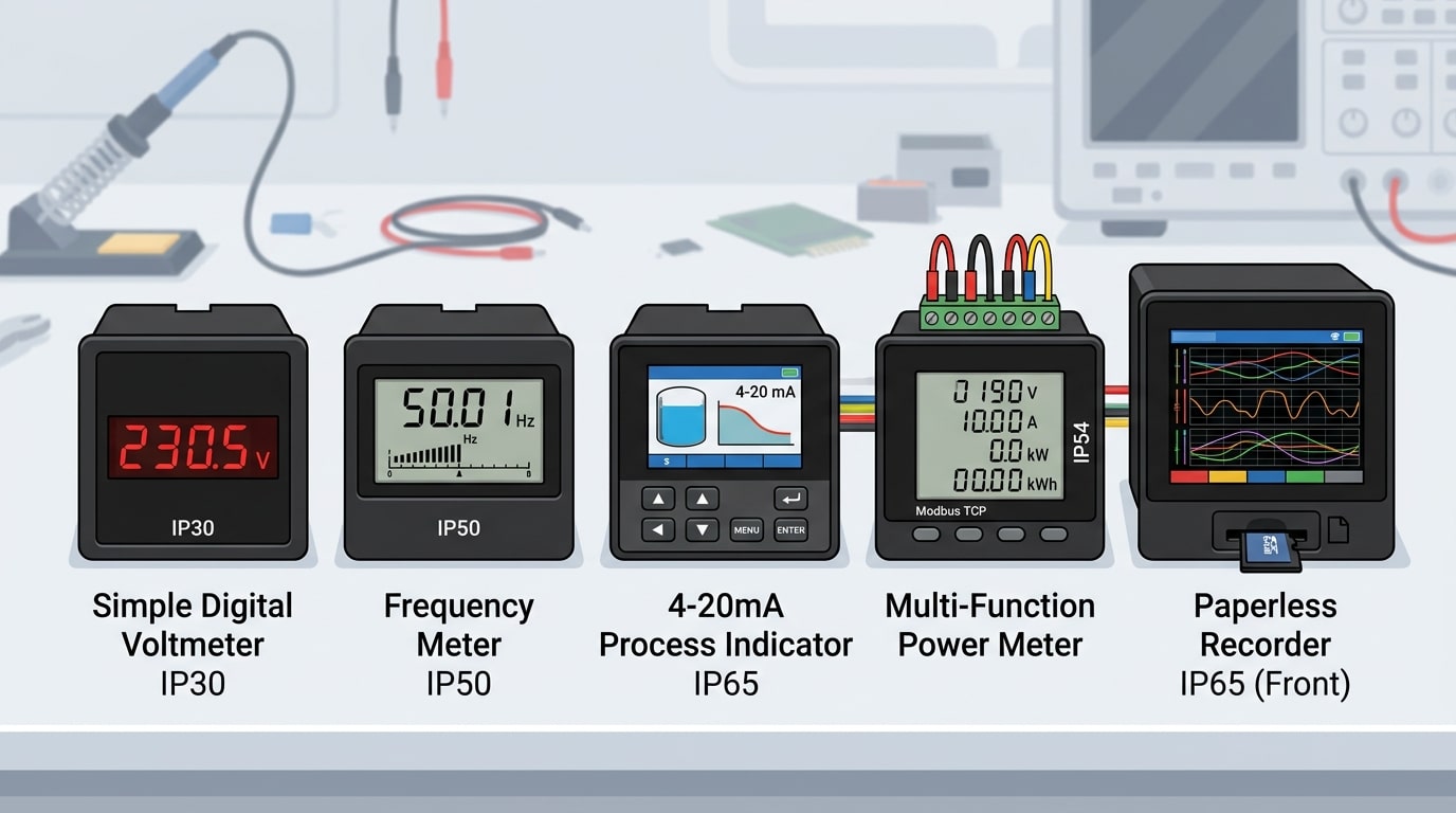 Comparison of waterproof digital panel meter IP65 types showing voltmeter, ammeter, process indicator and multi-function power meter