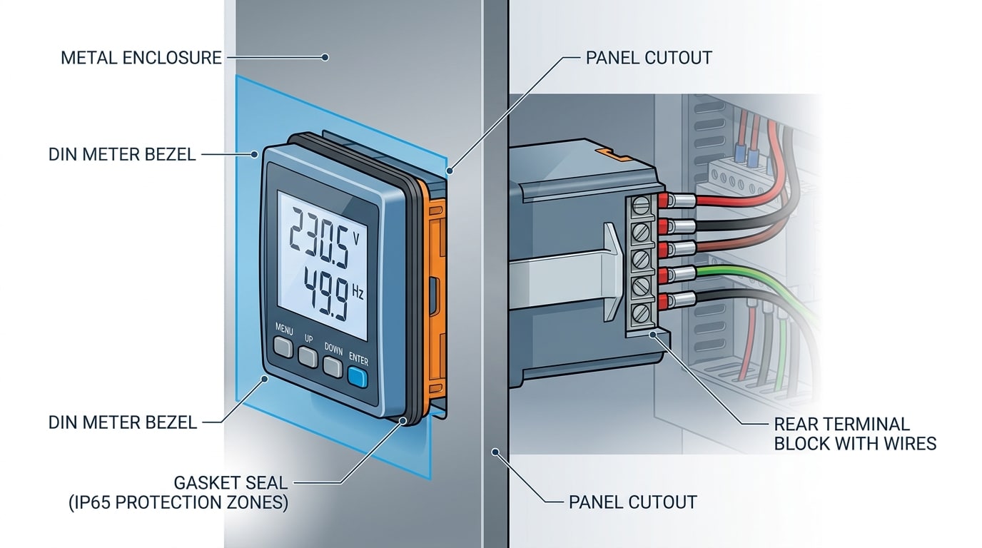waterproof digital panel meter IP65 front-face versus full-enclosure protection diagram
