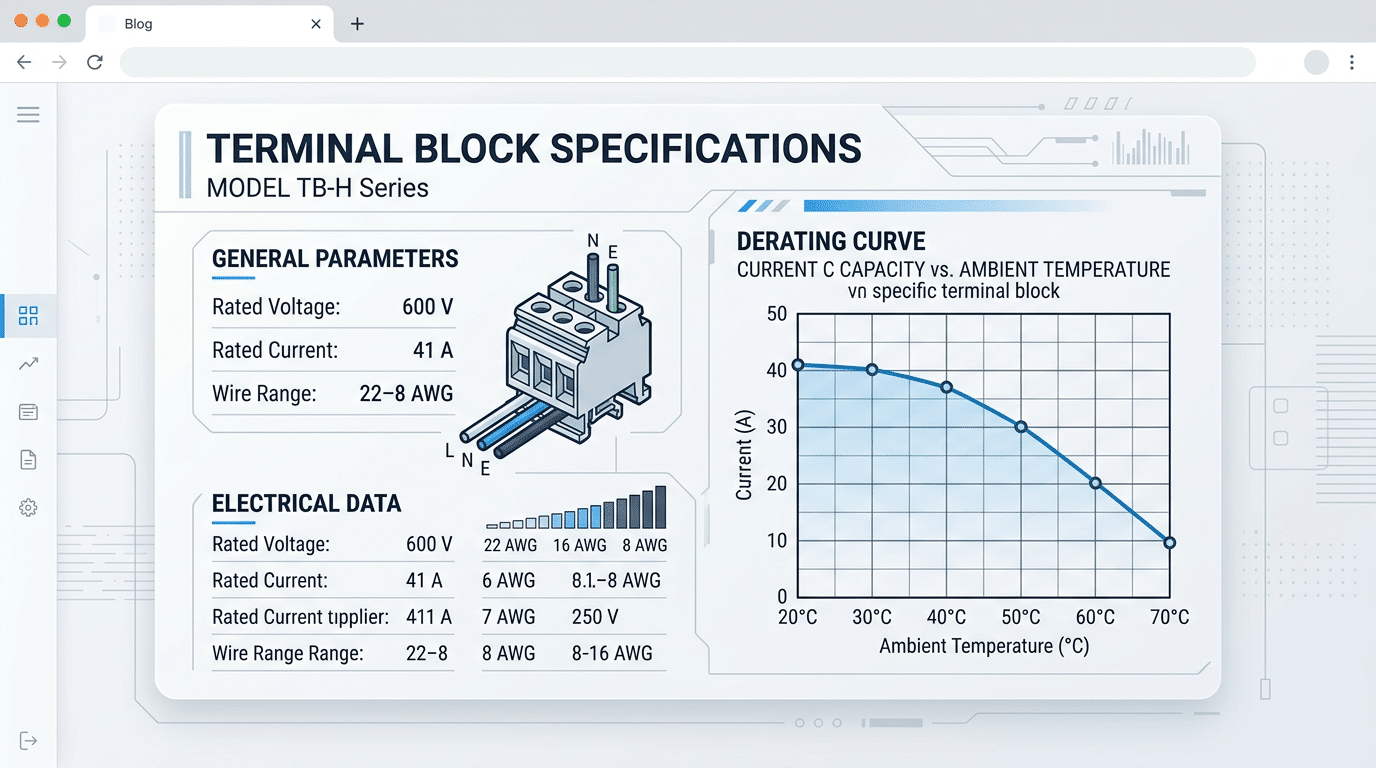 Terminal block datasheet with voltage current and wire gauge specs for choosing the right terminal block