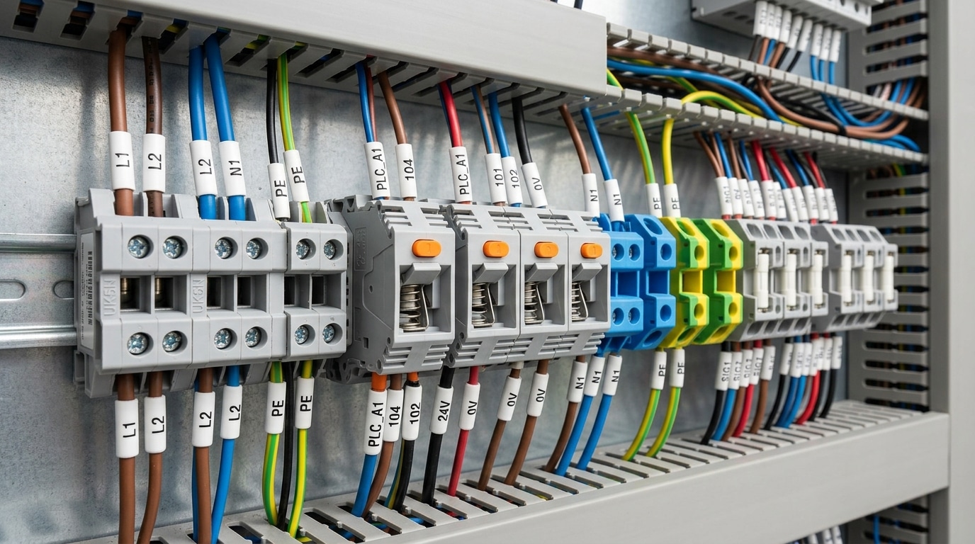 Different terminal block types on DIN rail illustrating how to choose the right terminal block