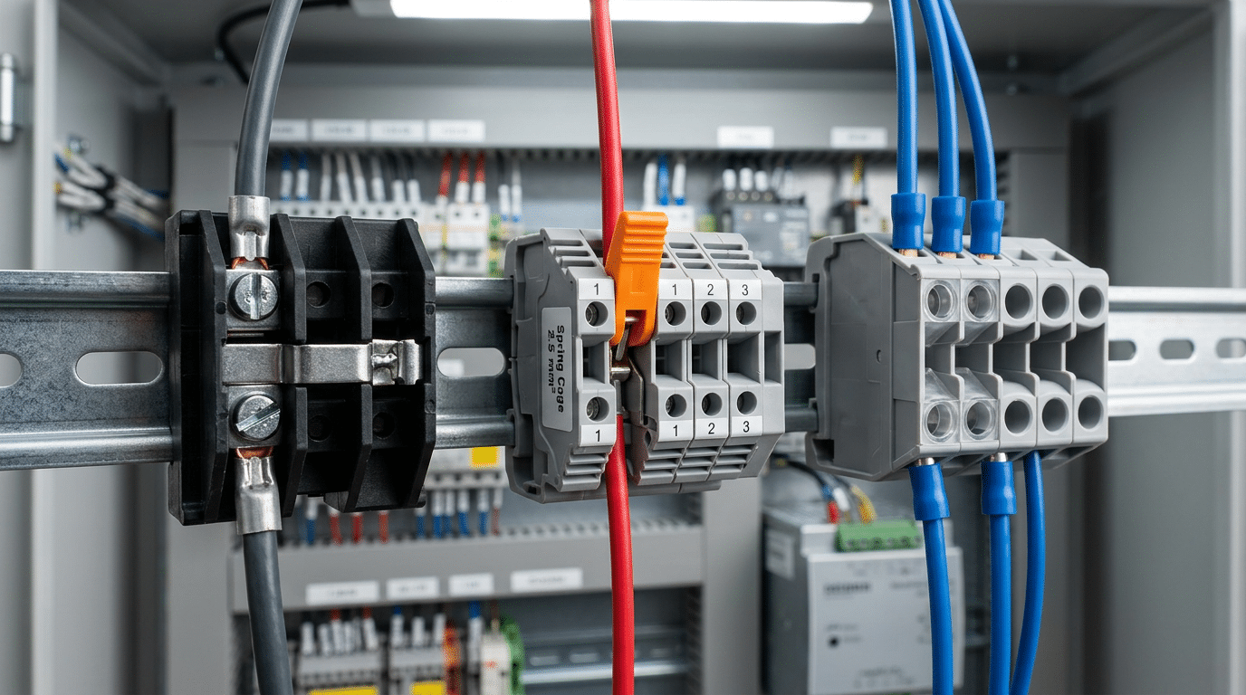 Screw clamp vs spring cage vs push-in terminal block connection types compared on DIN rail