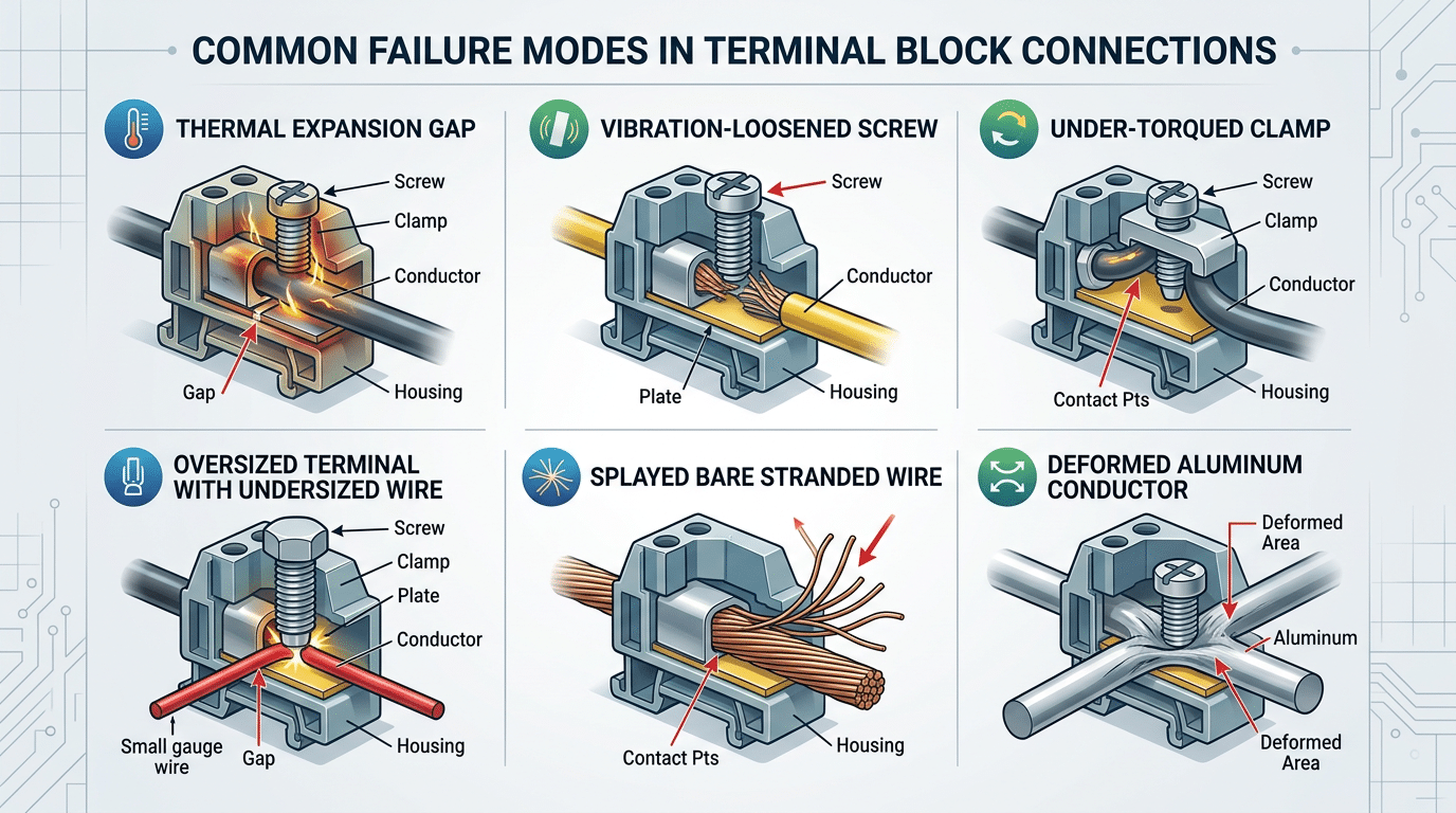 Diagram of common causes behind a loose terminal block connection including thermal cycling, vibration, and bare stranded wire