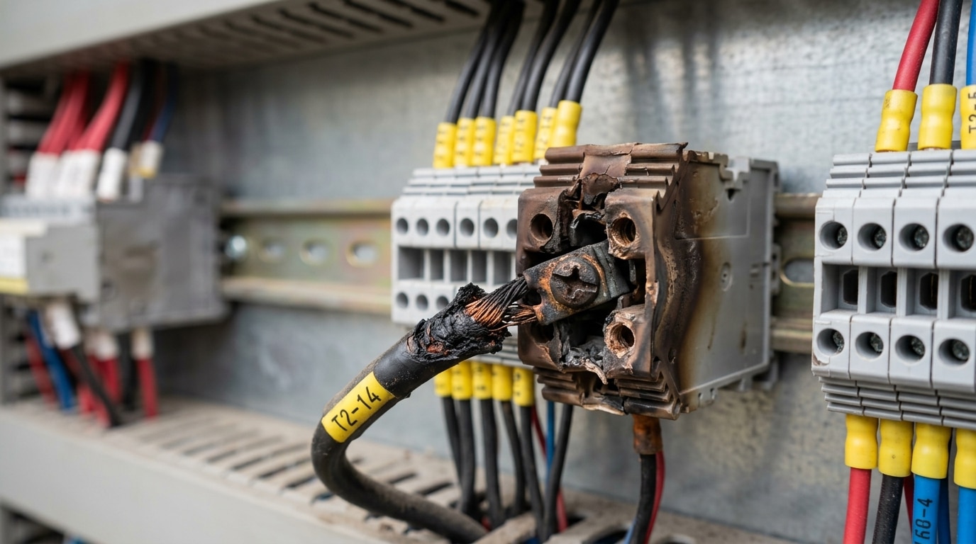 Loose terminal block connection showing heat discoloration and burn marks requiring immediate fix