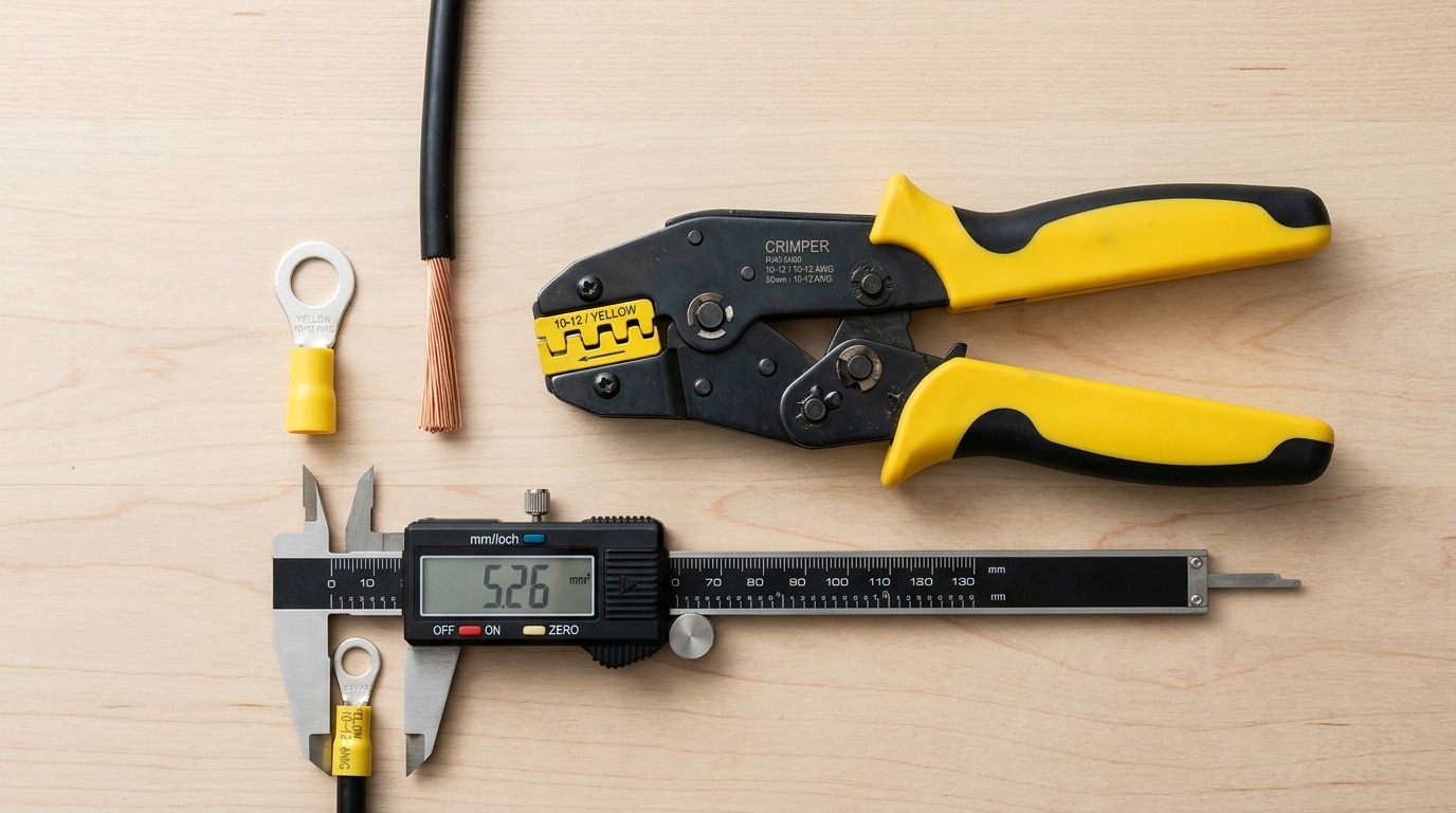 How to select cold press terminal for 10 AWG wire - yellow ring terminal, stripped wire, and crimp tool on workbench