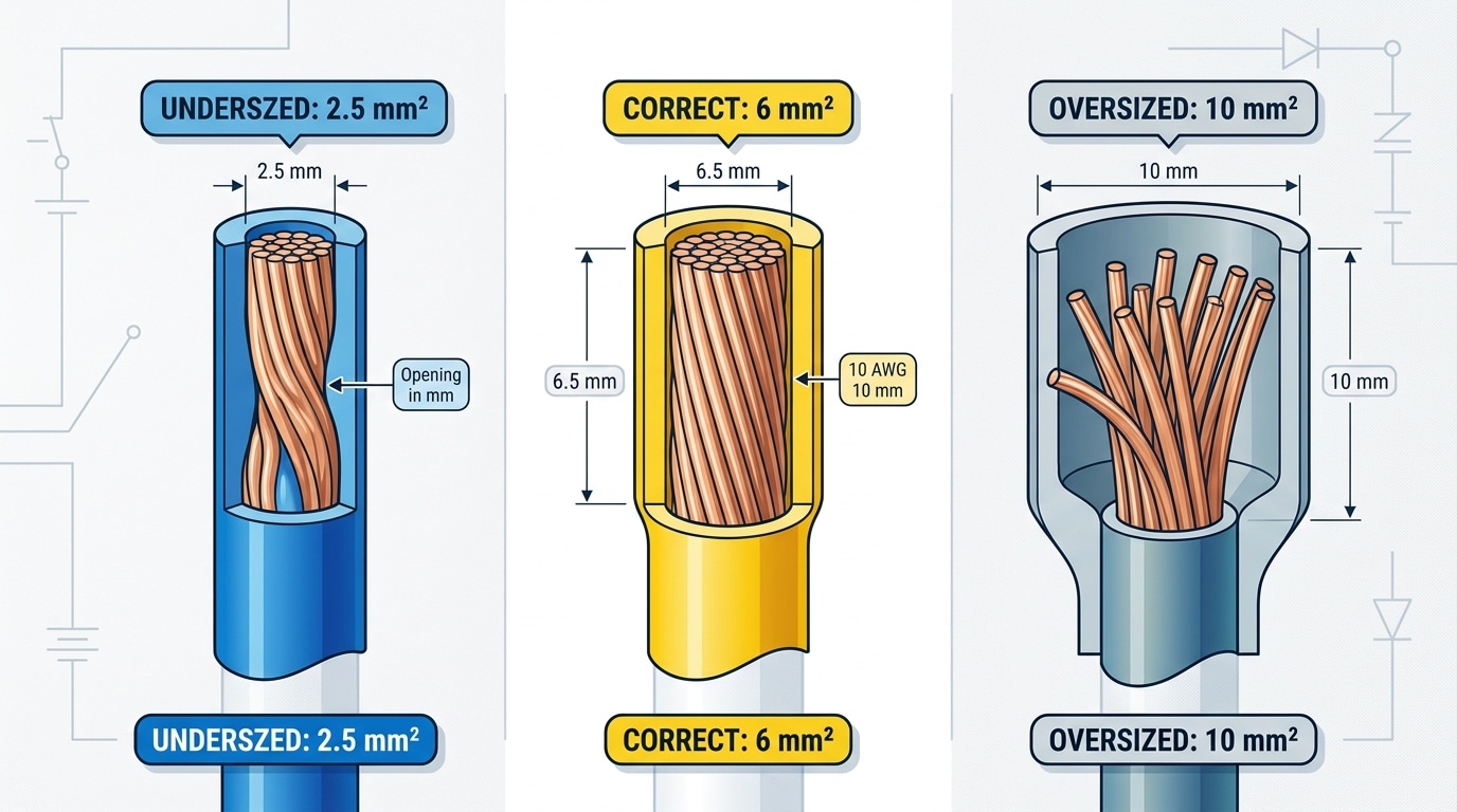 10 AWG wire cross-section fit in 4 mm², 6 mm², and 10 mm² cold press terminal barrels