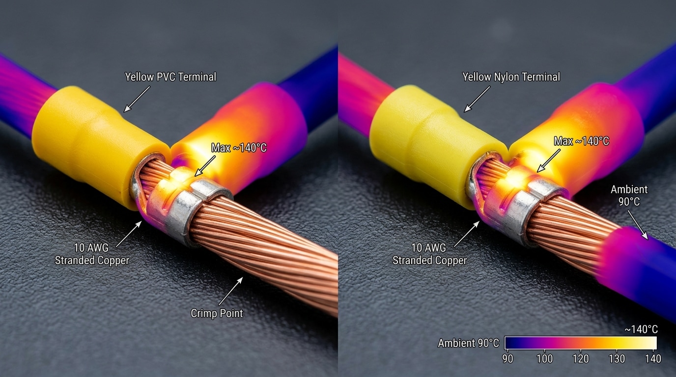 Yellow PVC vs nylon cold press terminal comparison for 10 AWG wire selection