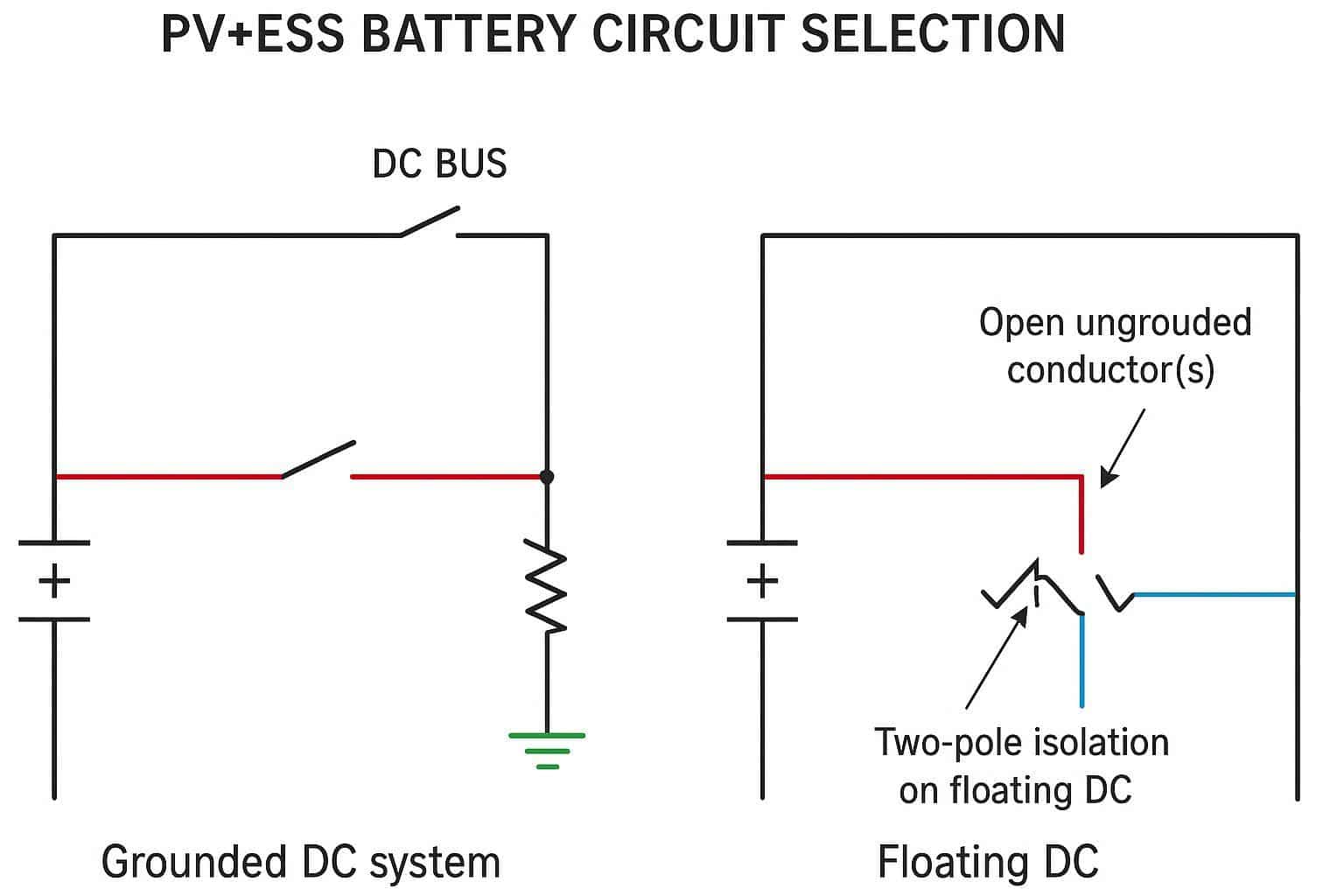 Annotated polarity schematic: positive-side disconnect for grounded system and two-pole open for floating DC bus