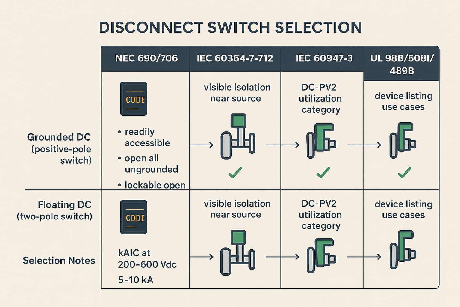 Standards mapping: NEC 690/706, IEC 60364/60947-3, and UL listings linked to DC disconnect placement choices