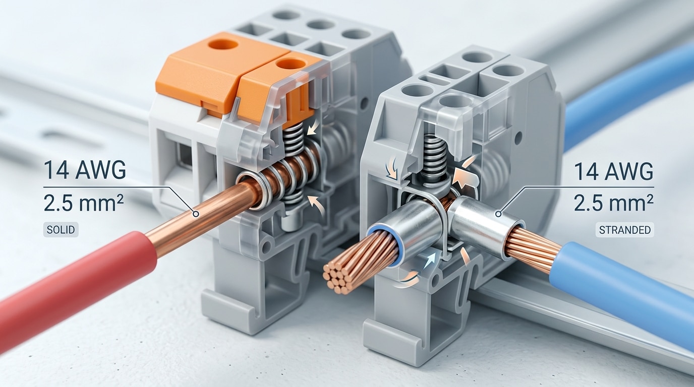 Solid vs stranded wire with ferrule in terminal block showing AWG and mm² wire size compatibility