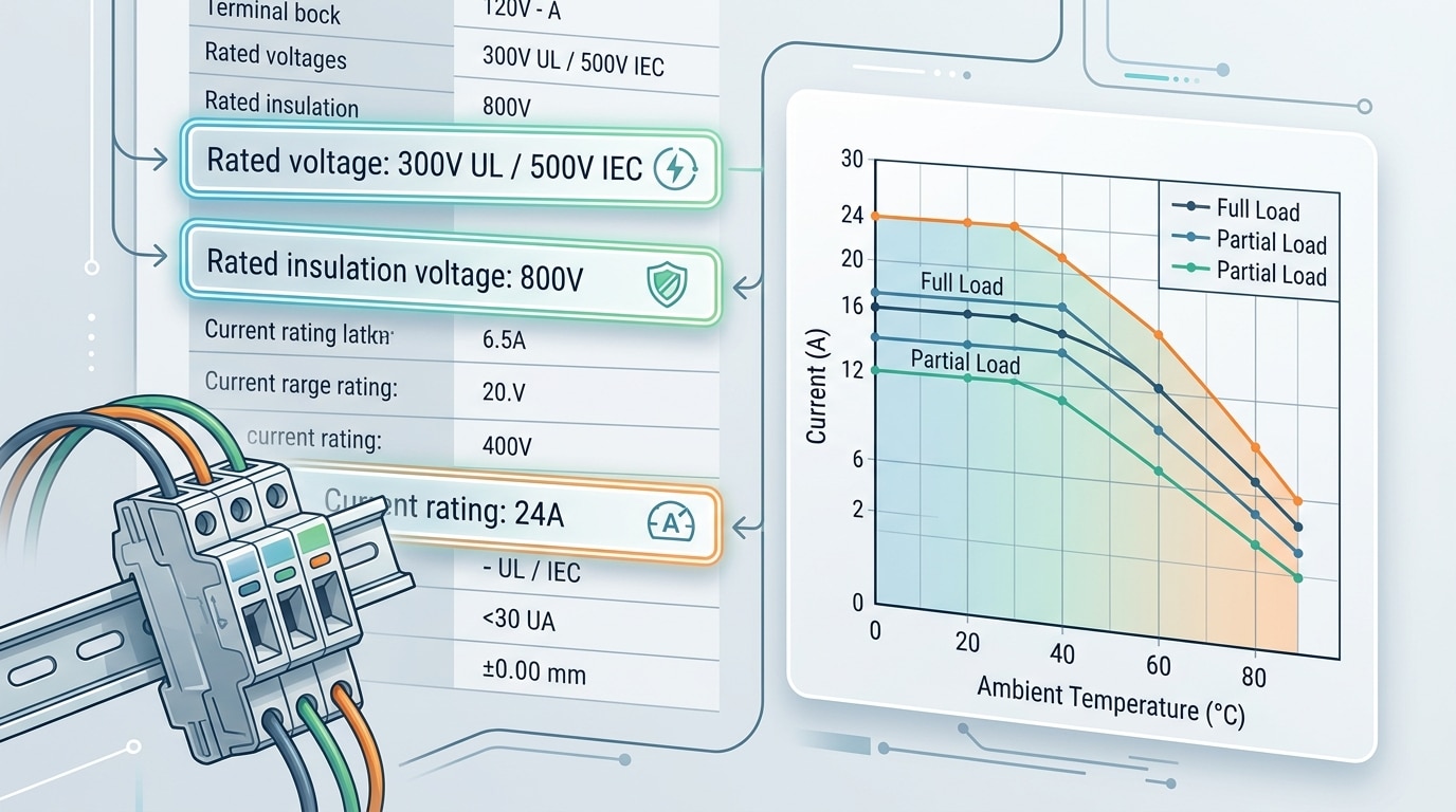 Terminal block specifications datasheet showing voltage ratings and current derating curve