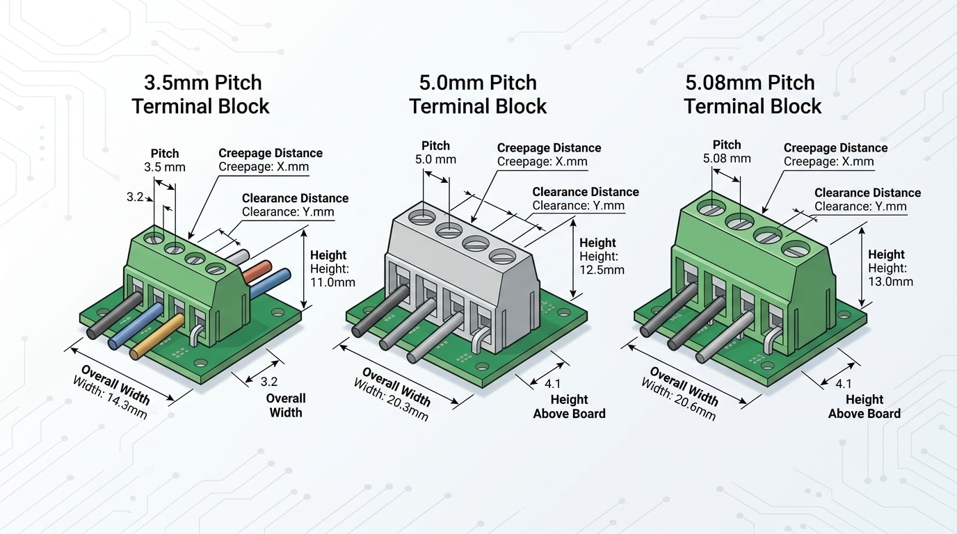 PCB-mount terminal block specifications showing pitch comparison of 3.5mm 5.0mm and 5.08mm with creepage and clearance dimensions labeled