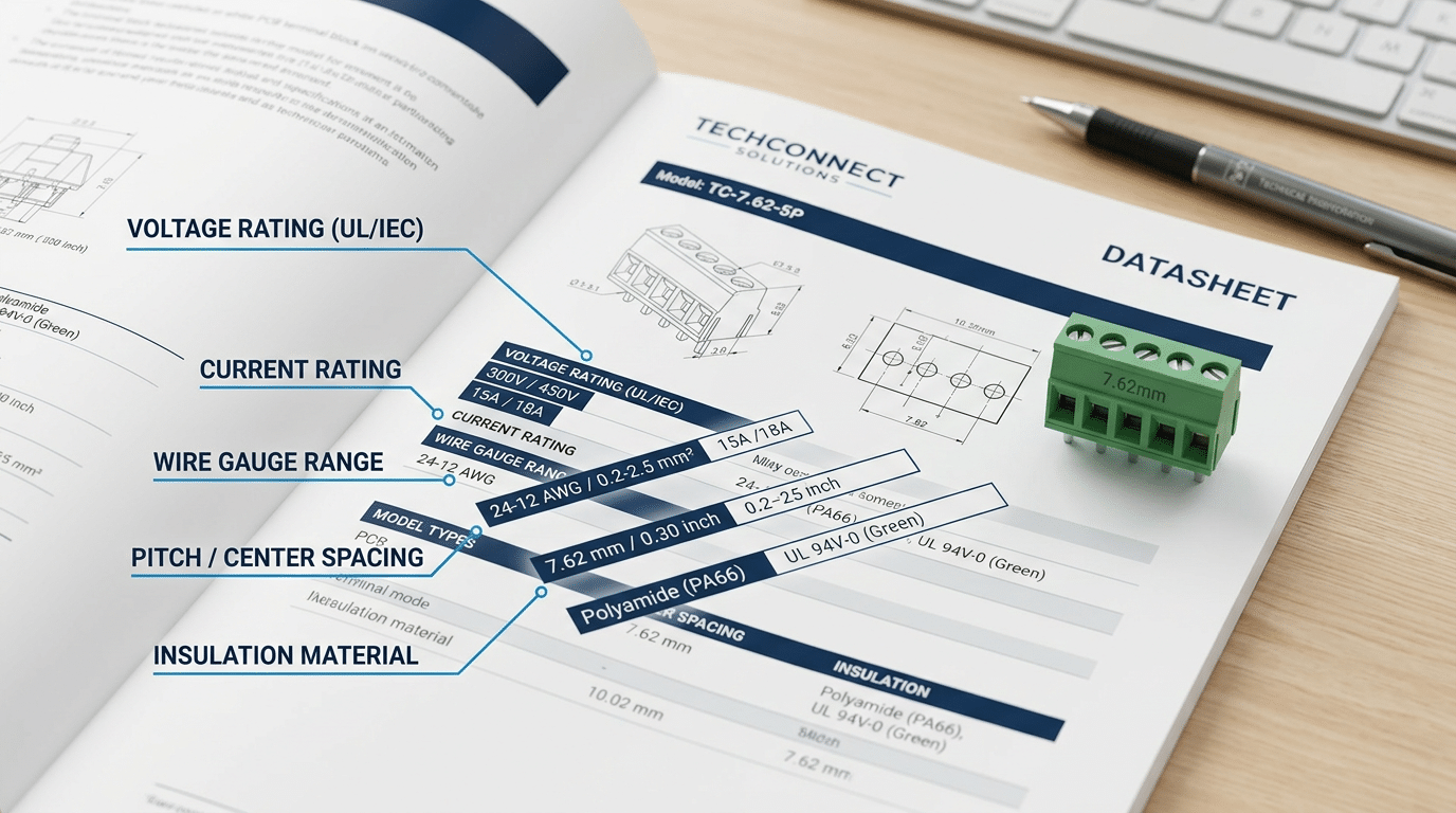 Terminal block specifications datasheet with key parameters highlighted including voltage rating current rating wire gauge and pitch