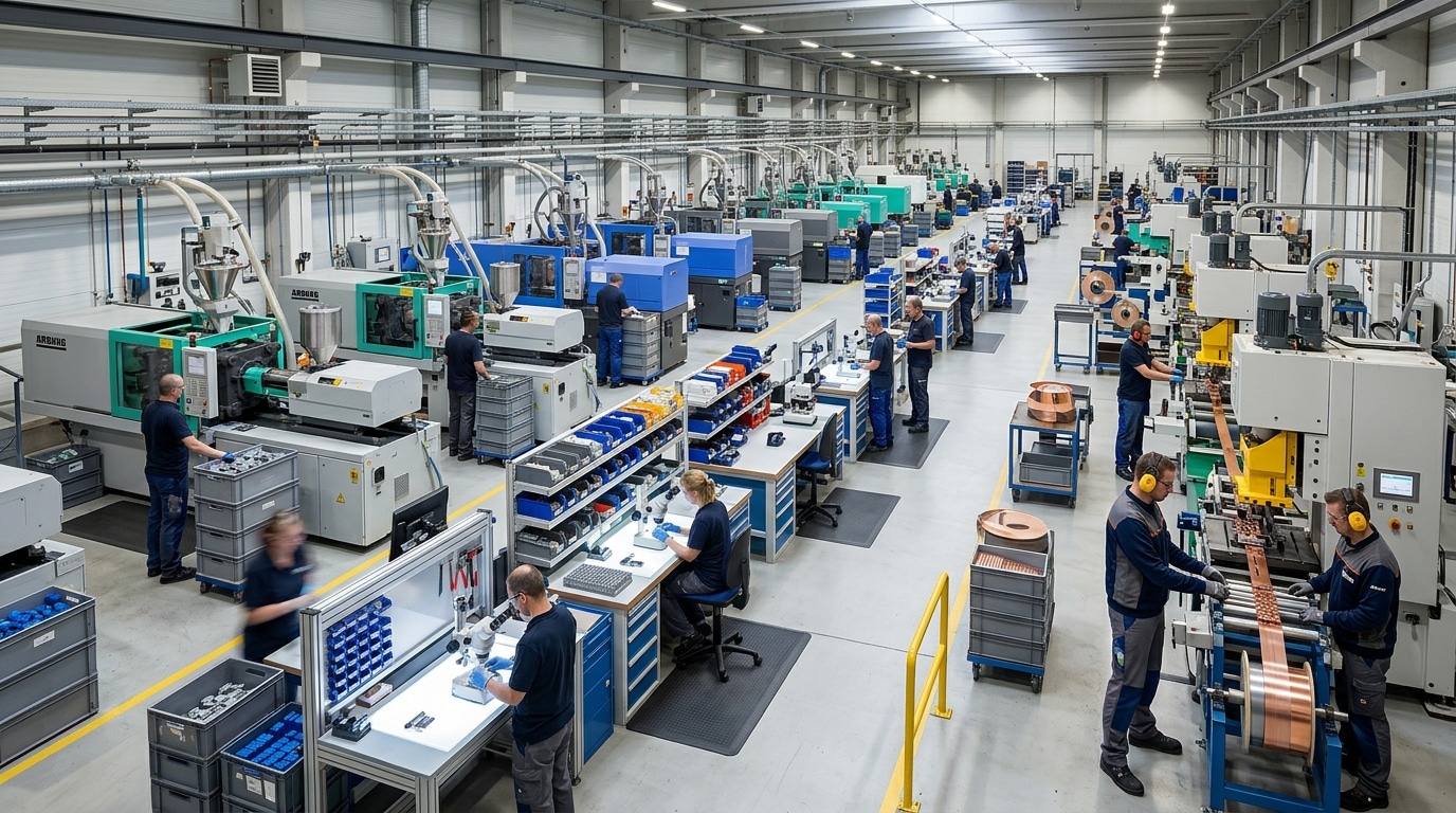 China terminal block manufacturer factory floor with injection molding machines and quality inspection stations