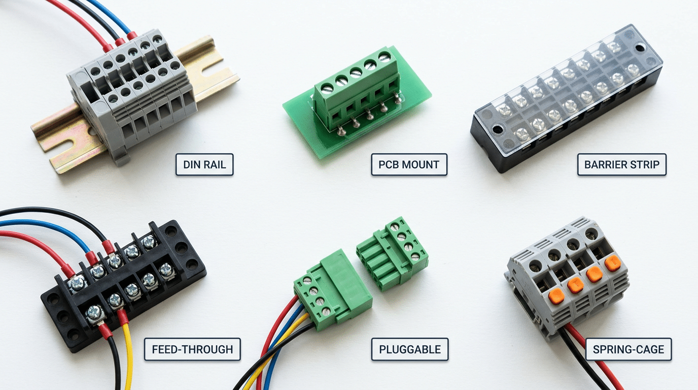 Six key terminal block types produced by China terminal block manufacturer factories including DIN rail PCB mount barrier spring-cage pluggable and feed-through