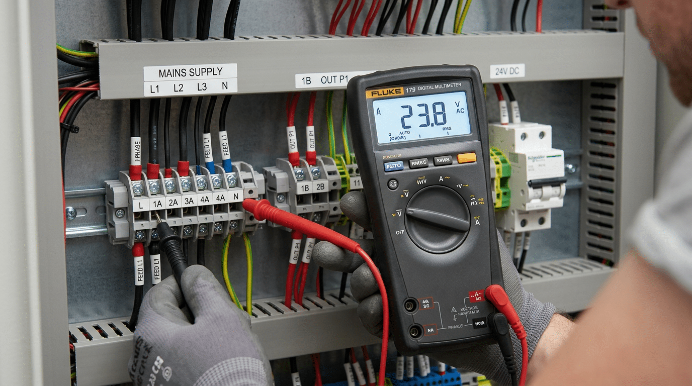 Measuring voltage at a terminal block with a multimeter to detect abnormal voltage drop
