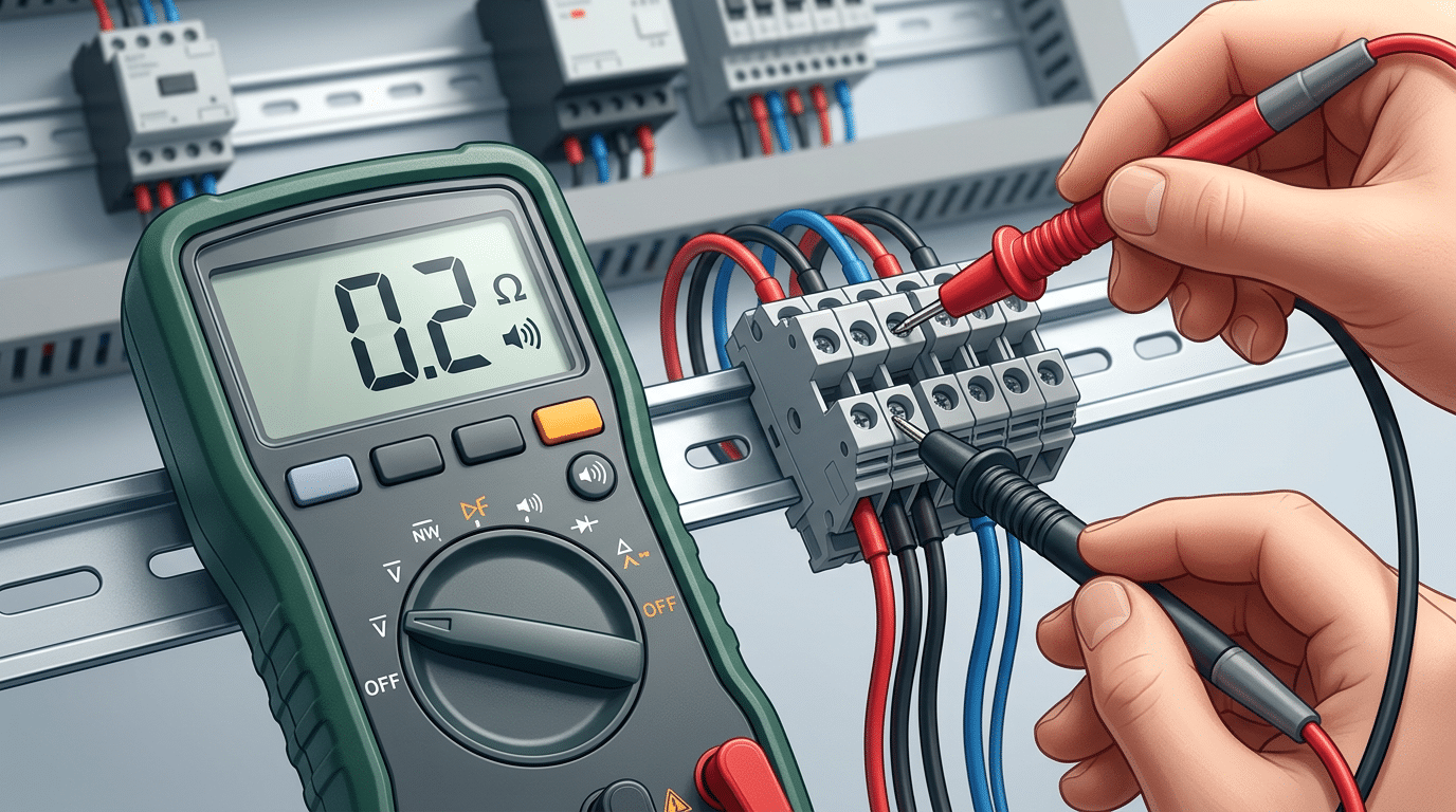 How to test terminal block with multimeter in continuity mode showing near-zero ohm reading