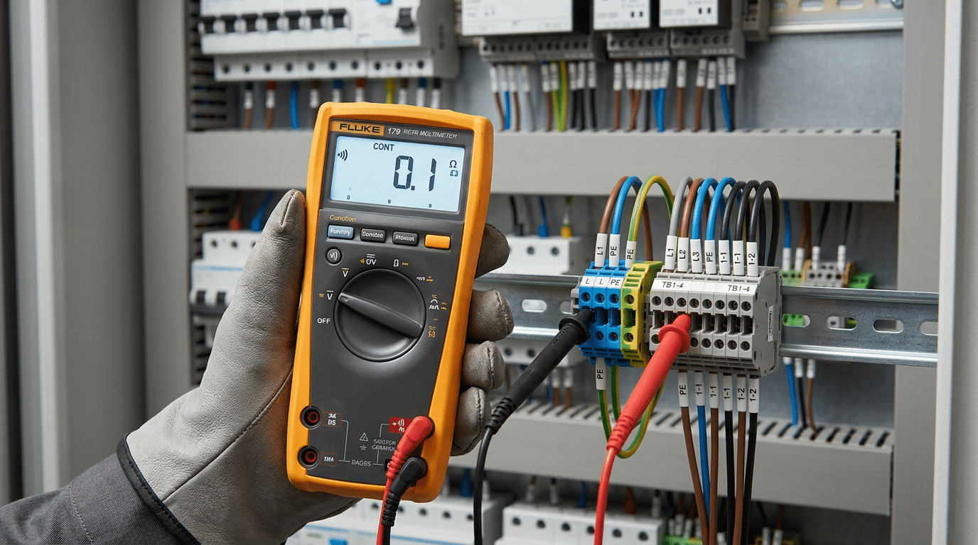 how to test terminal block with multimeter showing continuity check on DIN-rail terminal