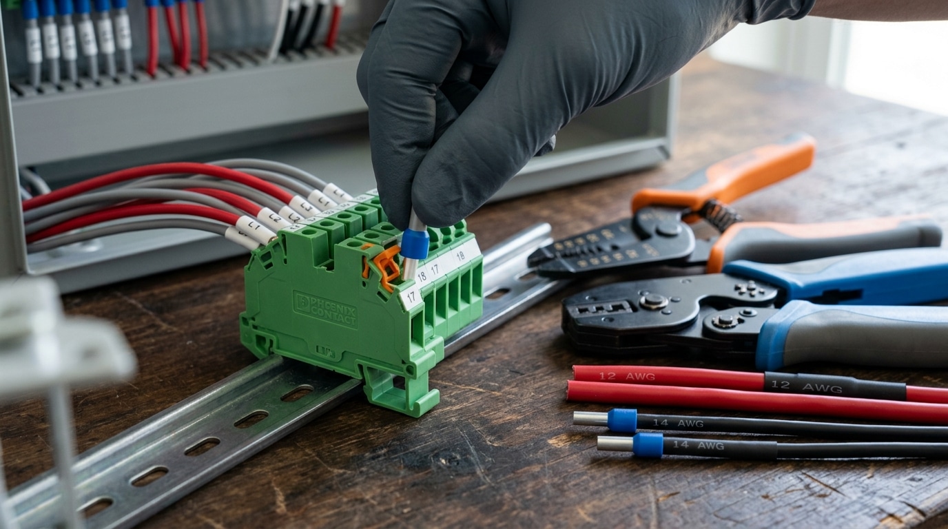 How to wire a terminal block step by step showing correct strip length and ferrule insertion