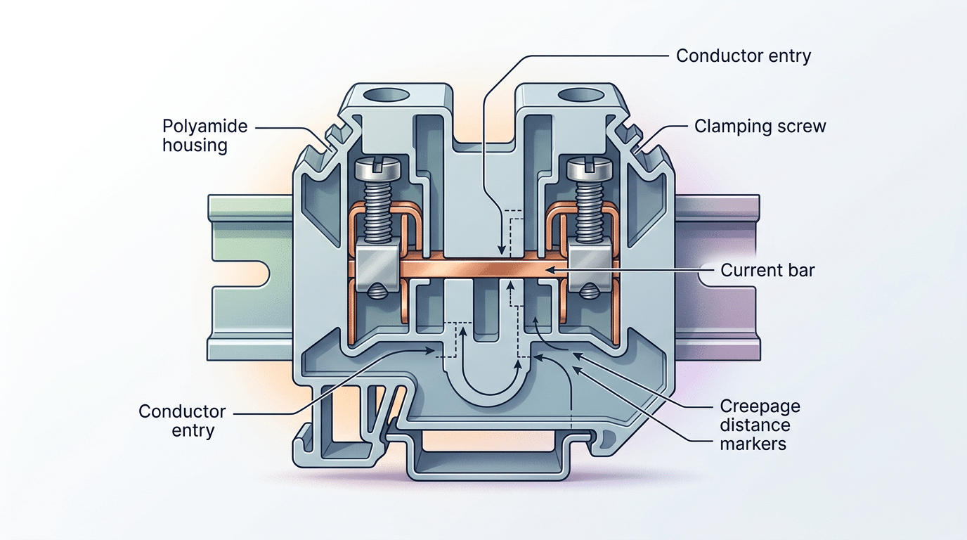 IEC 60947-7-1 terminal block cross-section diagram showing key constructional requirements and dielectric distances