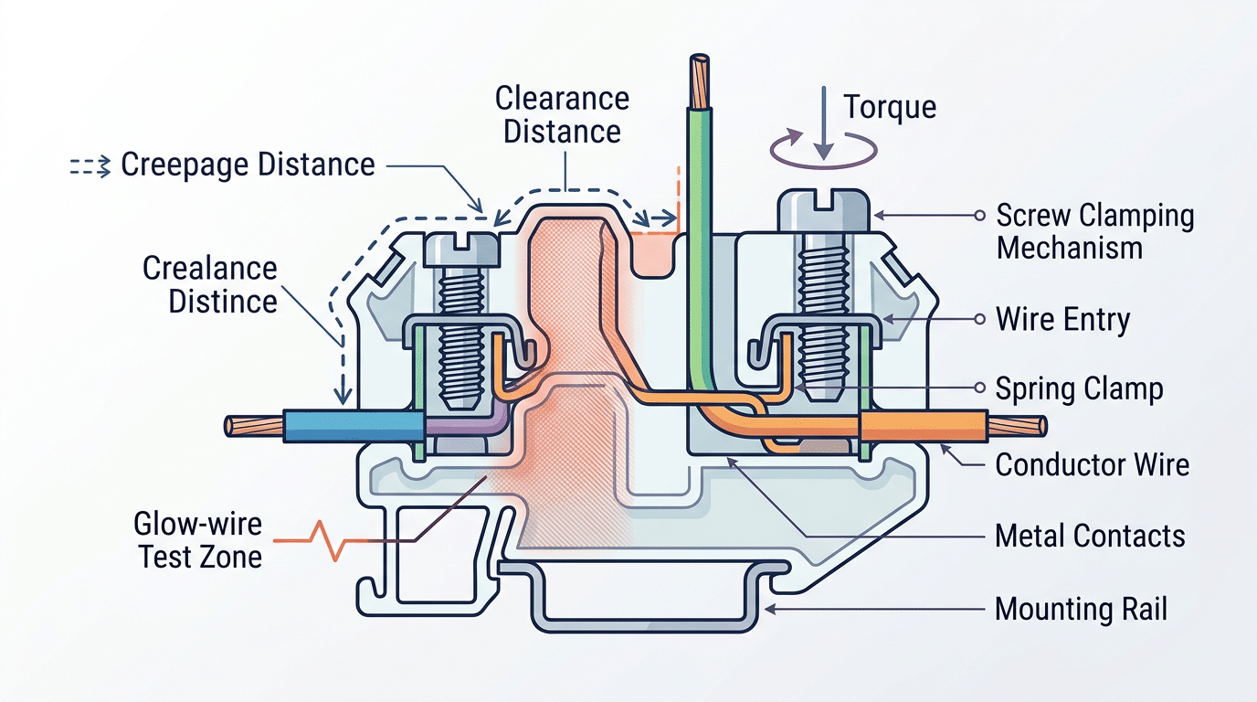 IEC 60947-7-1 terminal block dimensional specifications showing creepage clearance and clamping mechanism