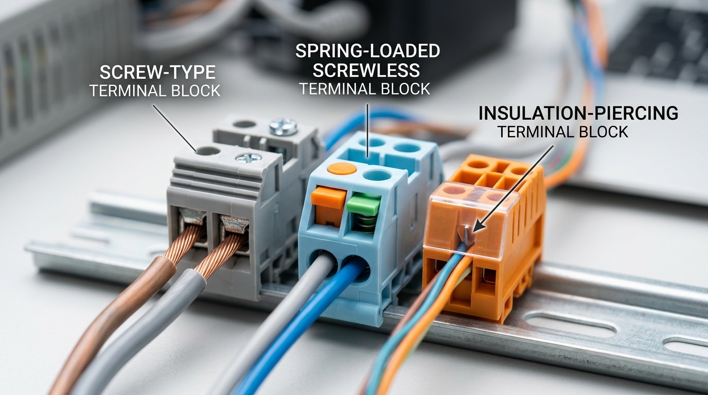 Three types of terminal blocks covered by IEC 60947-7-1 standard: screw-type, screwless spring-loaded, and insulation-piercing connections mounted on DIN rail