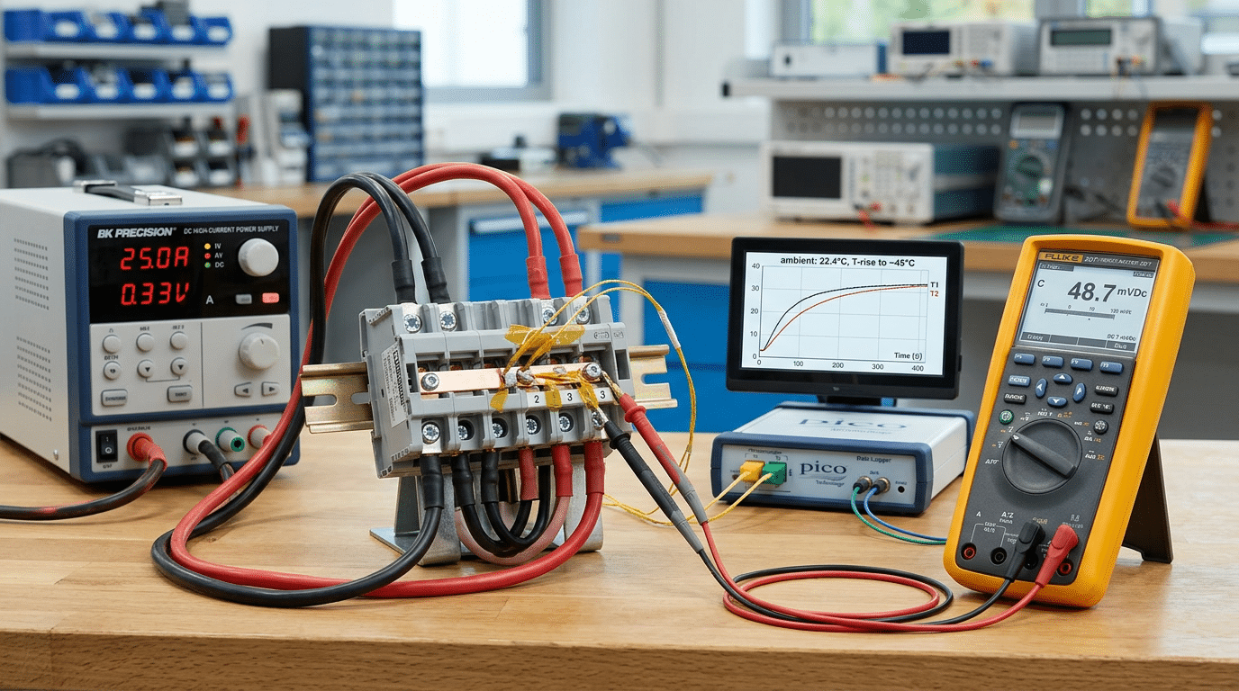 IEC 60947-7-1 terminal block standard type test setup with temperature-rise and voltage drop measurement