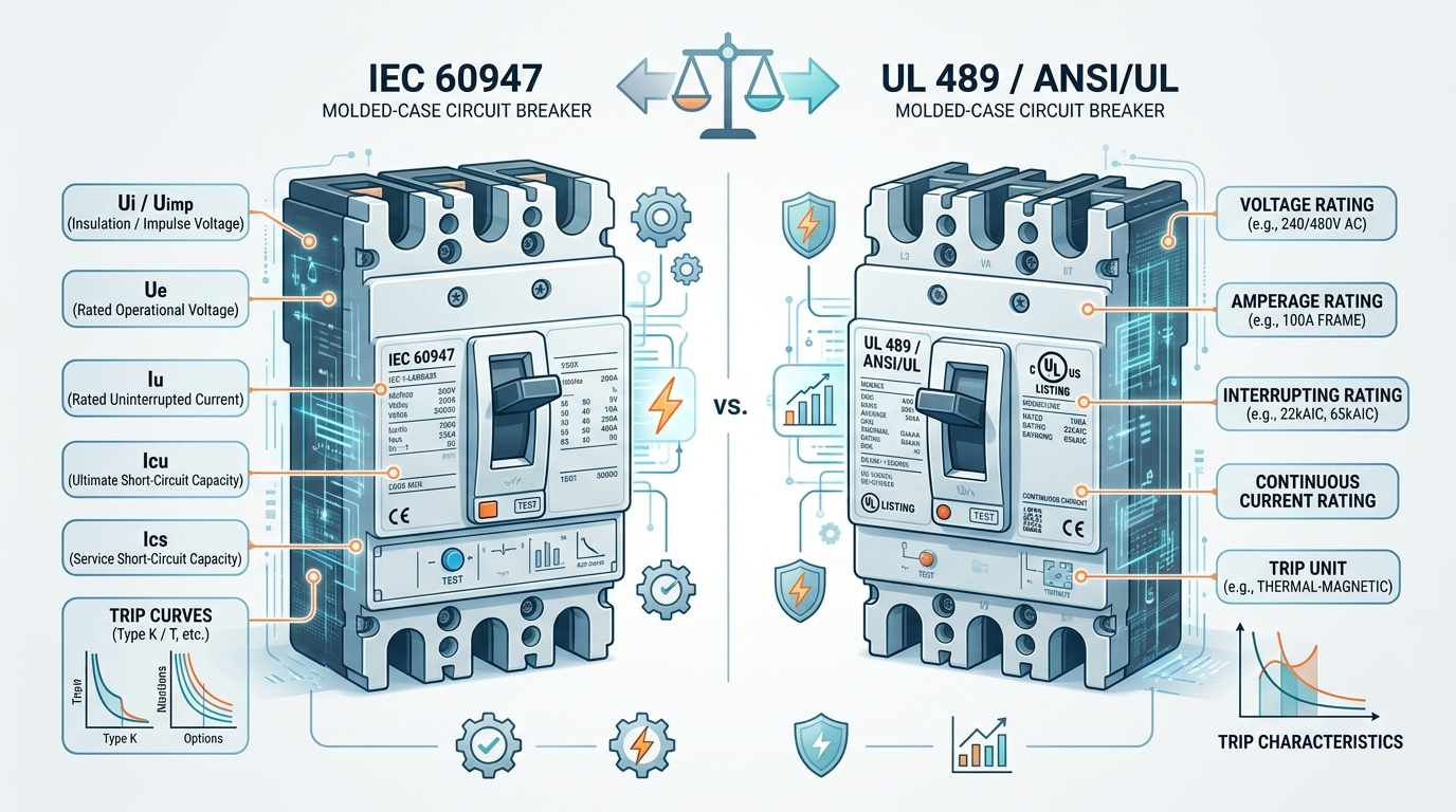 IEC vs ANSI circuit breaker standards side-by-side comparison of IEC 60947 and UL 489 breakers
