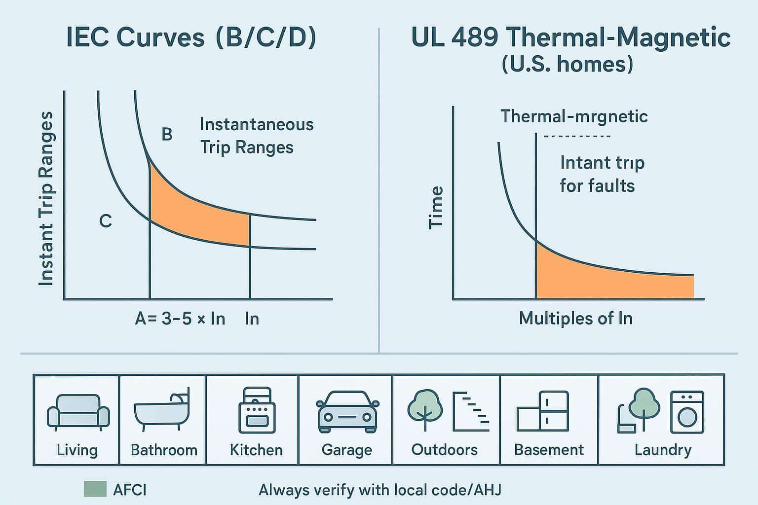 Side-by-side infographic comparing IEC B/C/D curves to typical UL 489 breaker behavior with AFCI/GFCI home locations