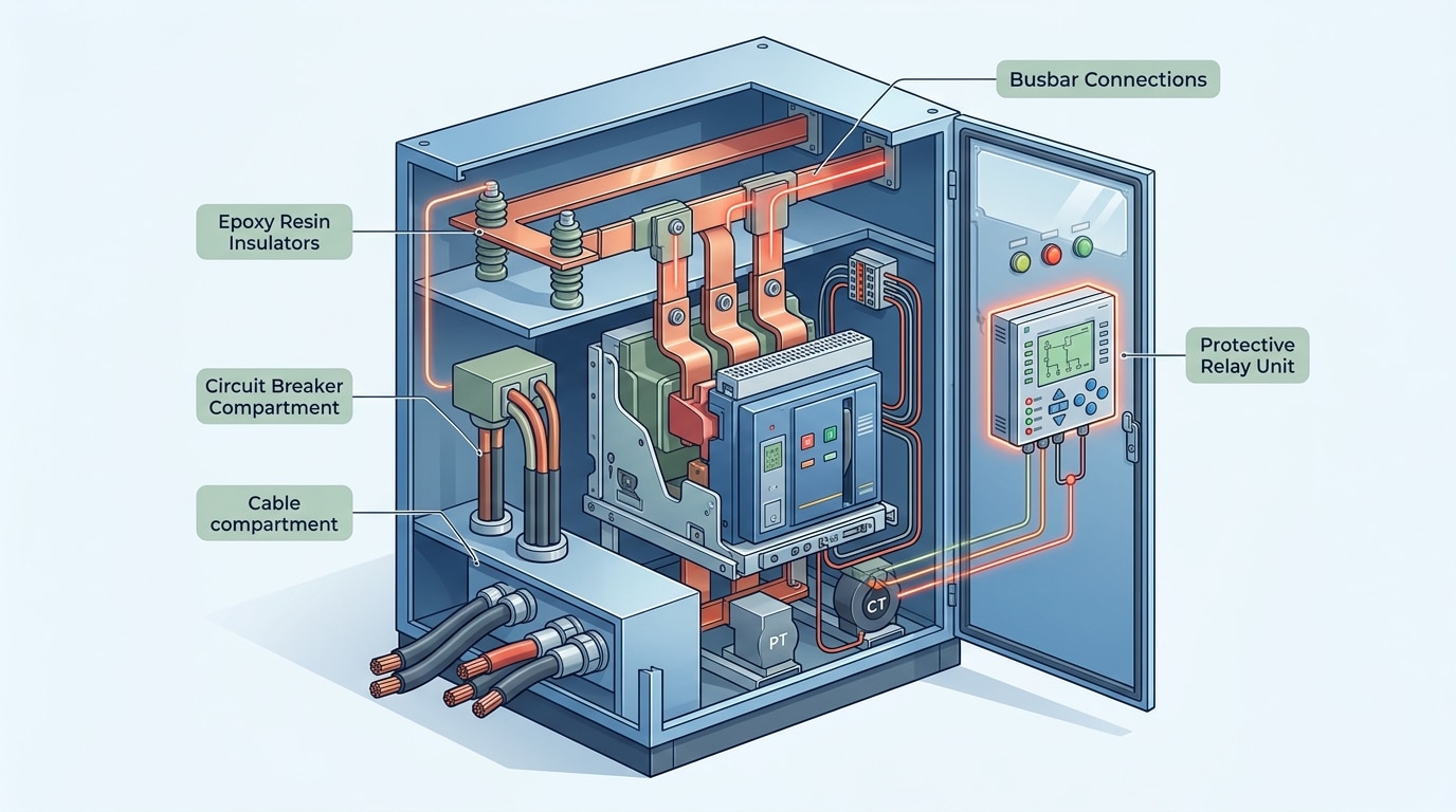 Cutaway diagram of medium voltage switchgear with circuit breaker compartment highlighted