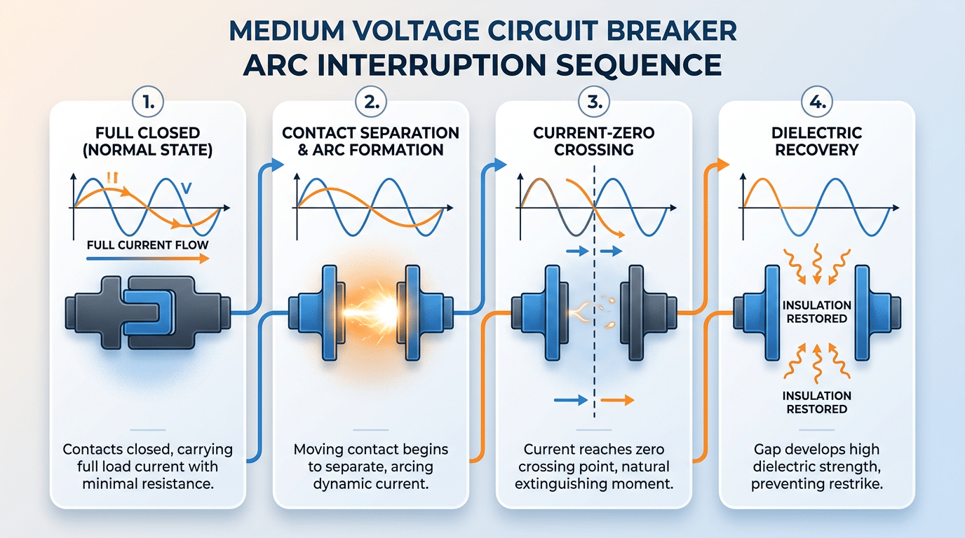 Arc interruption sequence in a medium voltage circuit breaker showing contact separation and dielectric recovery