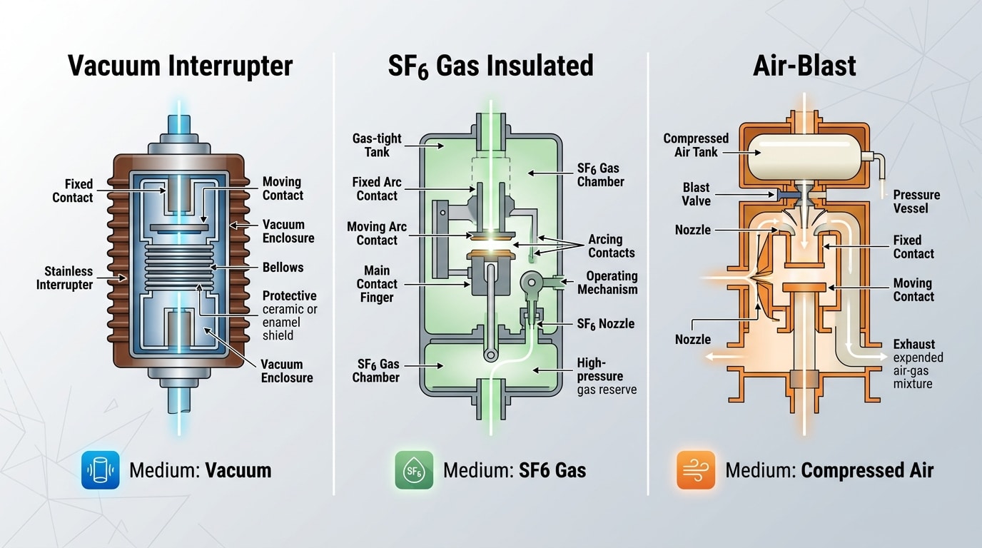 Diagram comparing vacuum, SF6, and air-blast circuit breaker types used in medium voltage switchgear