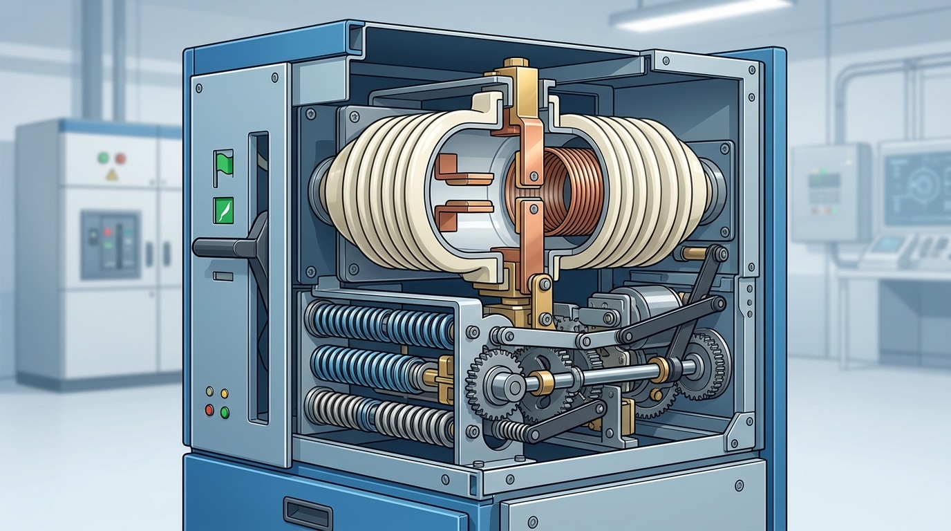 Vacuum circuit breaker cutaway showing vacuum interrupter bottle and contacts inside medium voltage switchgear