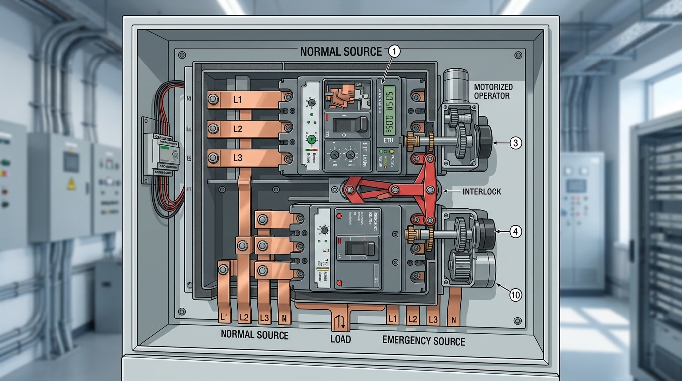CB-class ATS internal construction comparing PC class vs CB class breaker-based design