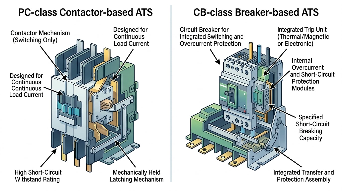 ATS PC class vs CB class technical comparison diagram showing Icw, Icu, and mechanical endurance differences