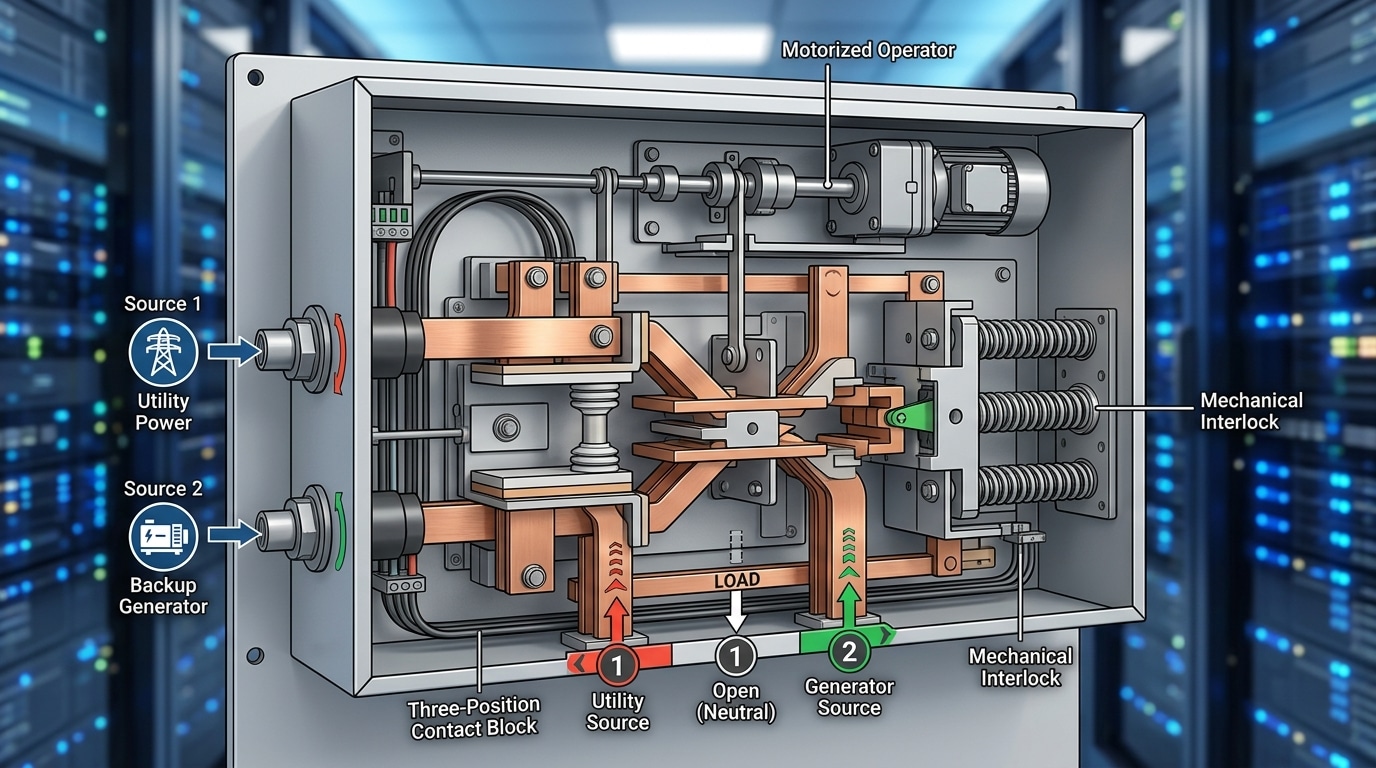 PC-class ATS internal construction showing three-position contact mechanism per IEC 60947-6-1