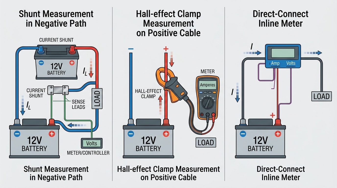digital panel meter for battery monitoring wiring comparison: shunt vs Hall-effect vs direct-connect