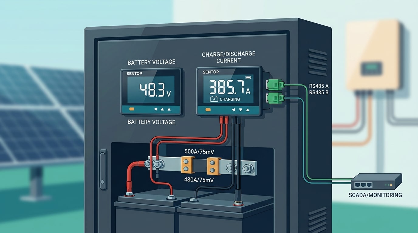 SENTOP digital panel meter for battery monitoring on 48V LiFePO4 rack