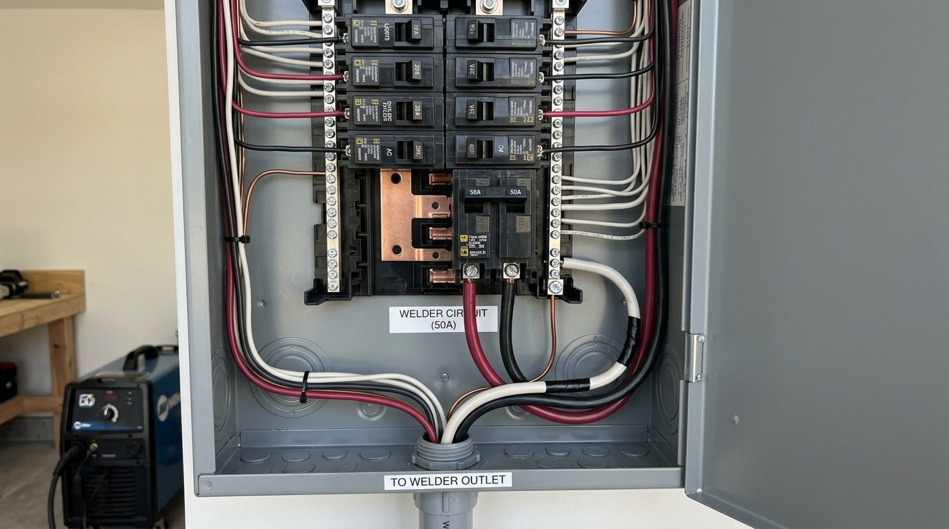 50 amp double-pole circuit breaker installed in an electrical panel for a welder