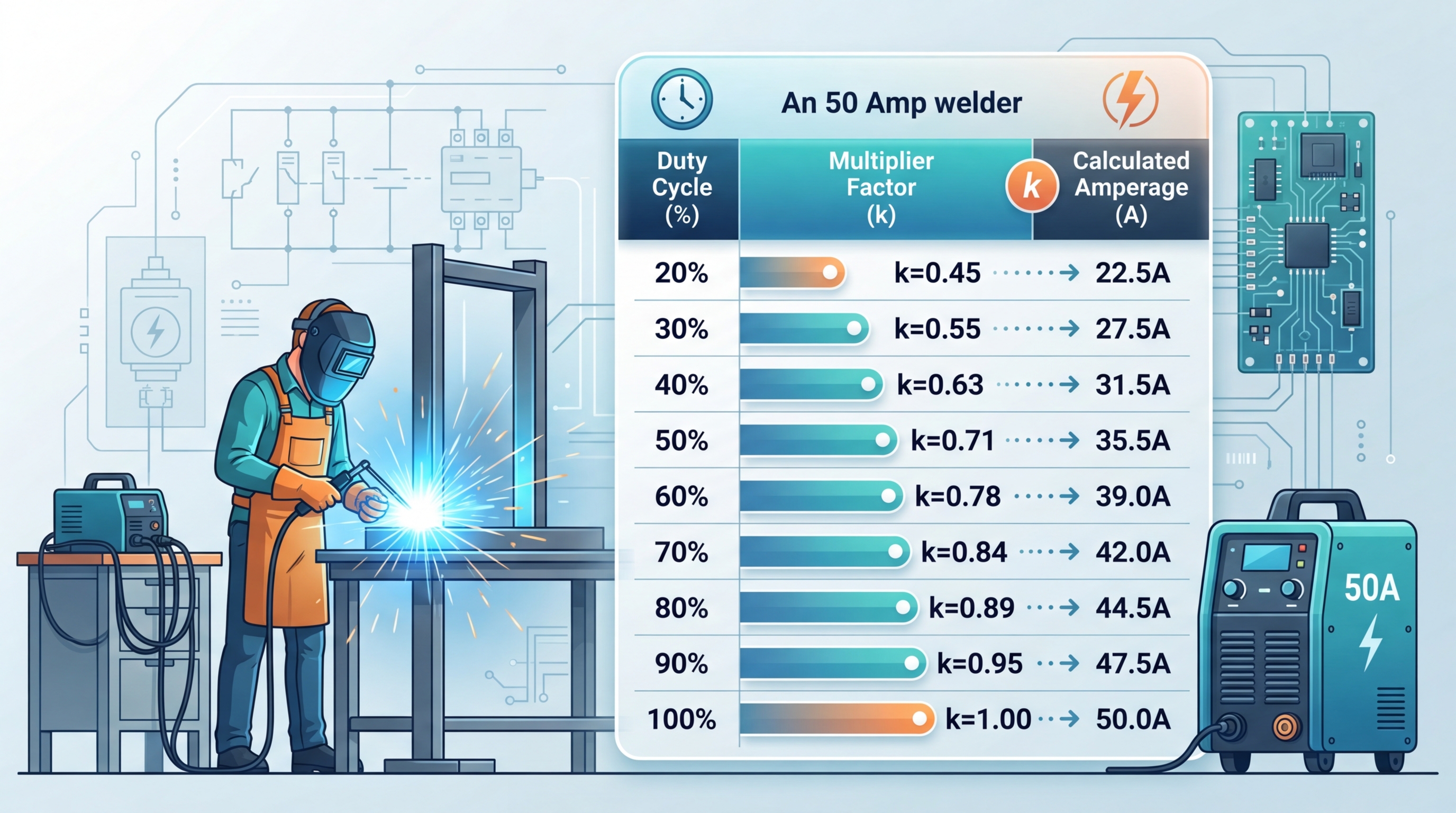 NEC duty cycle multiplier table for sizing a 50 amp welder circuit breaker