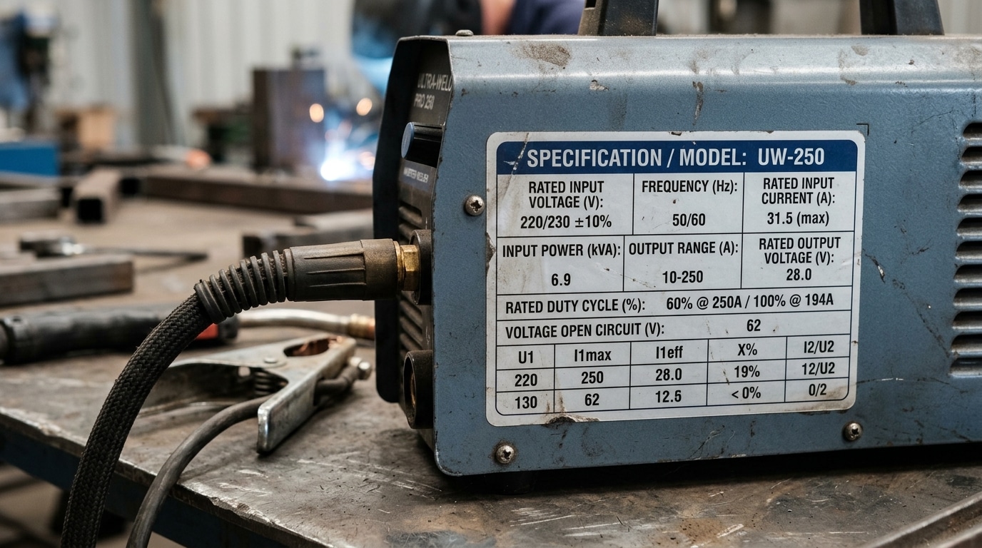 Welder nameplate showing rated input amps and duty cycle specifications used for breaker sizing