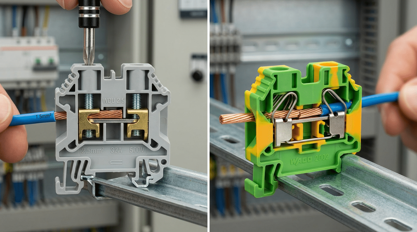 screw terminal block vs spring terminal block side by side comparison on DIN rail